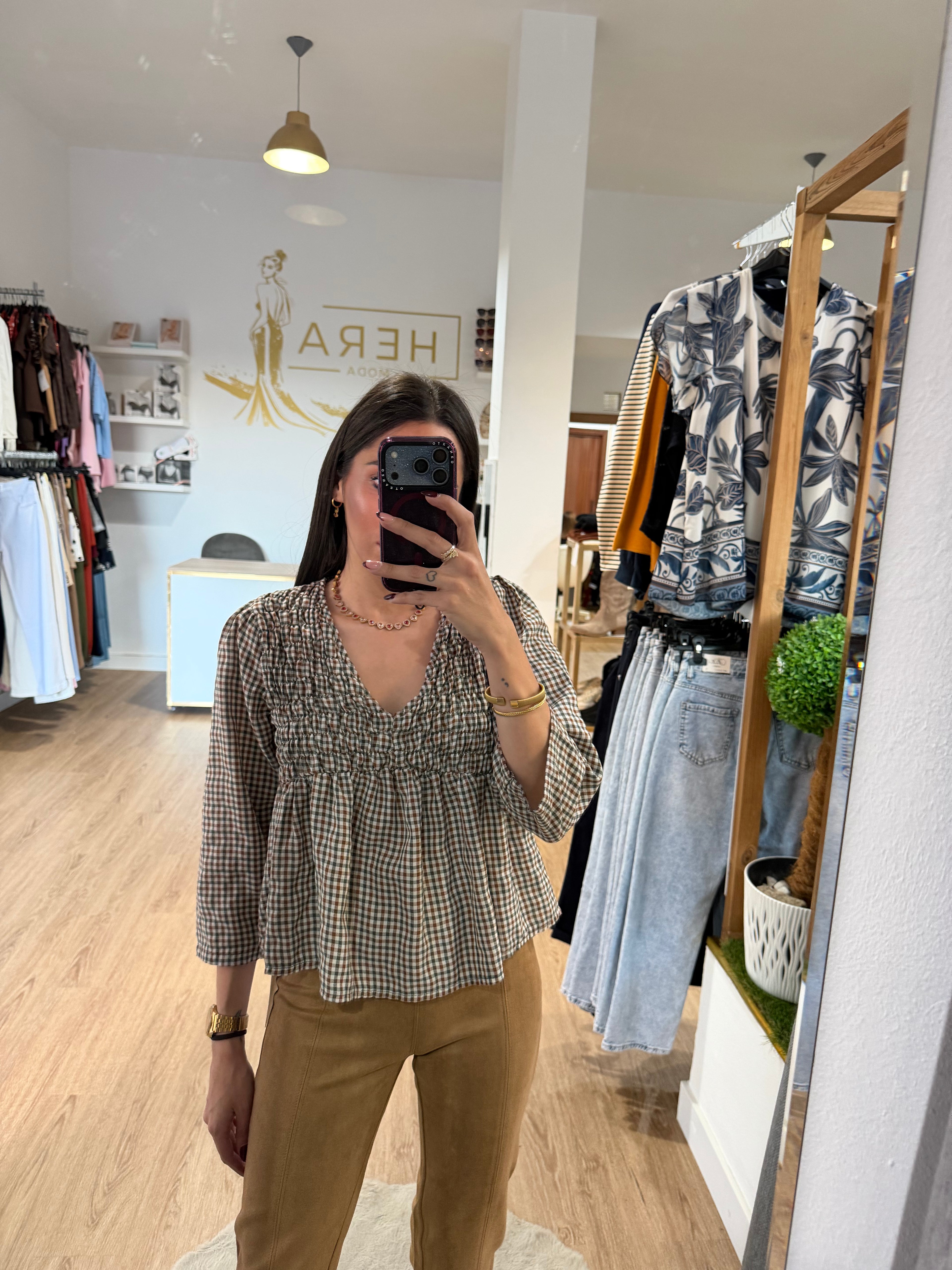 Blusa cuadros con Pecho Nido de Abeja / Top Corte Imperio