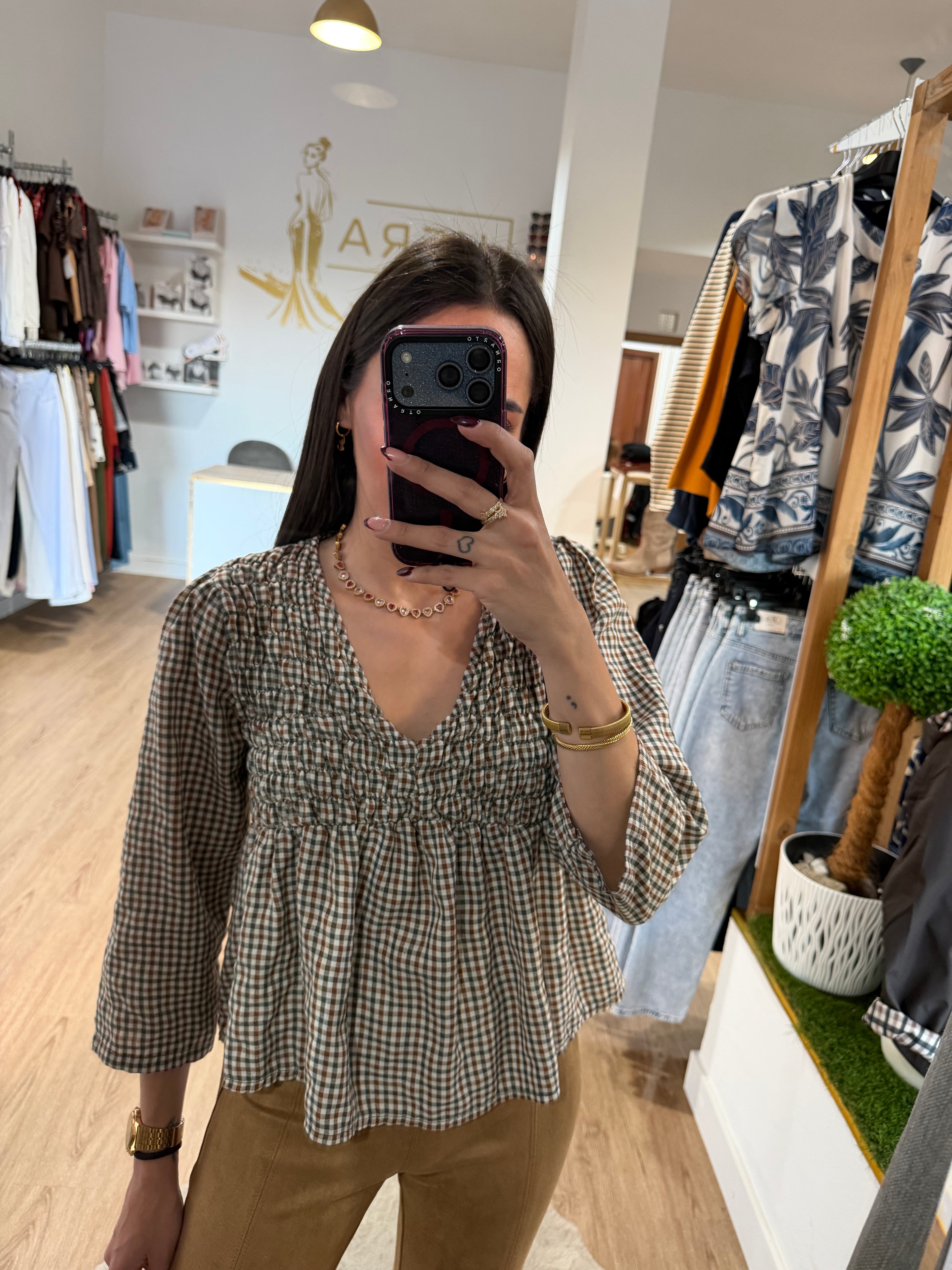 Blusa cuadros con Pecho Nido de Abeja / Top Corte Imperio