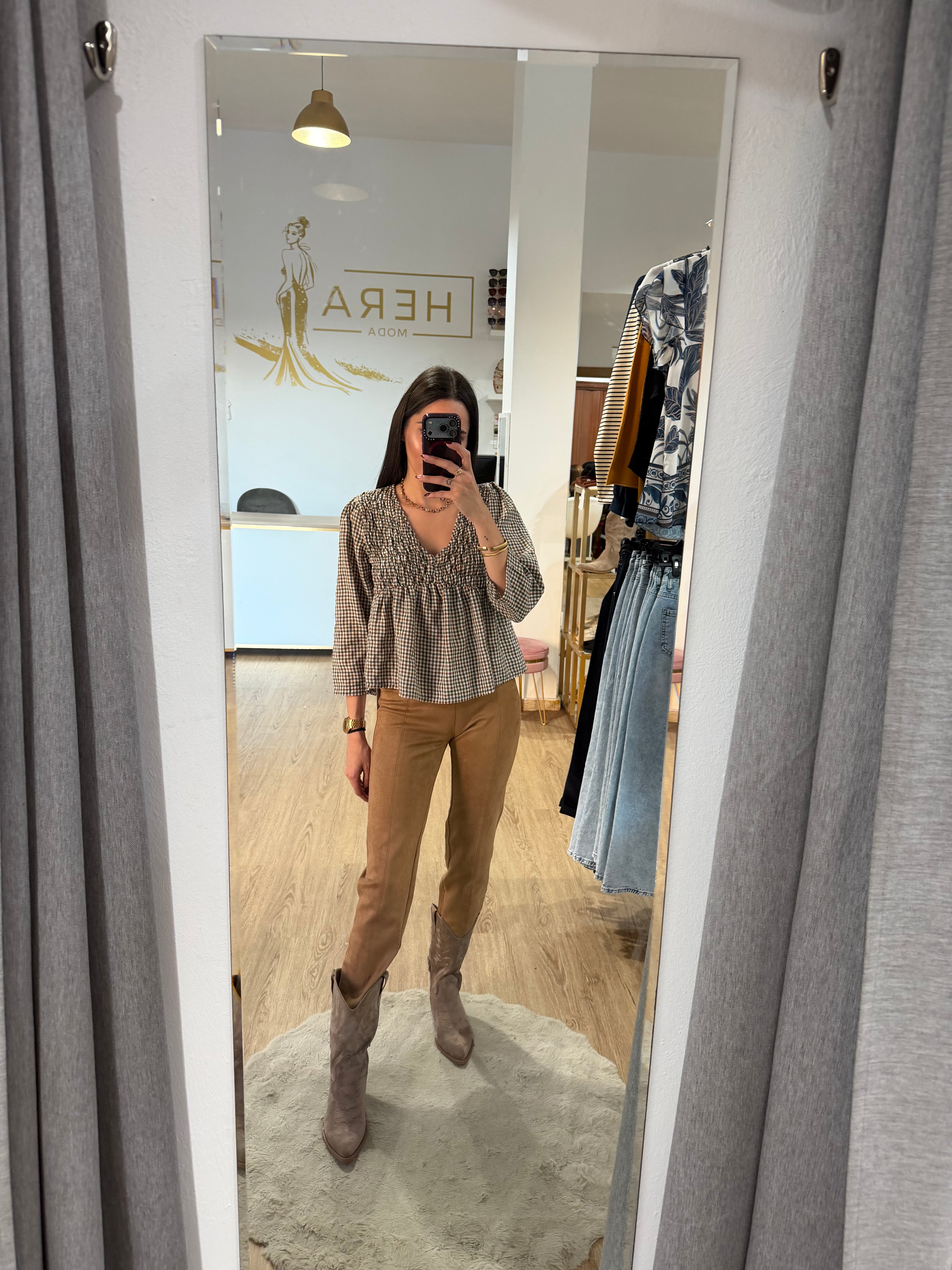 Blusa cuadros con Pecho Nido de Abeja / Top Corte Imperio