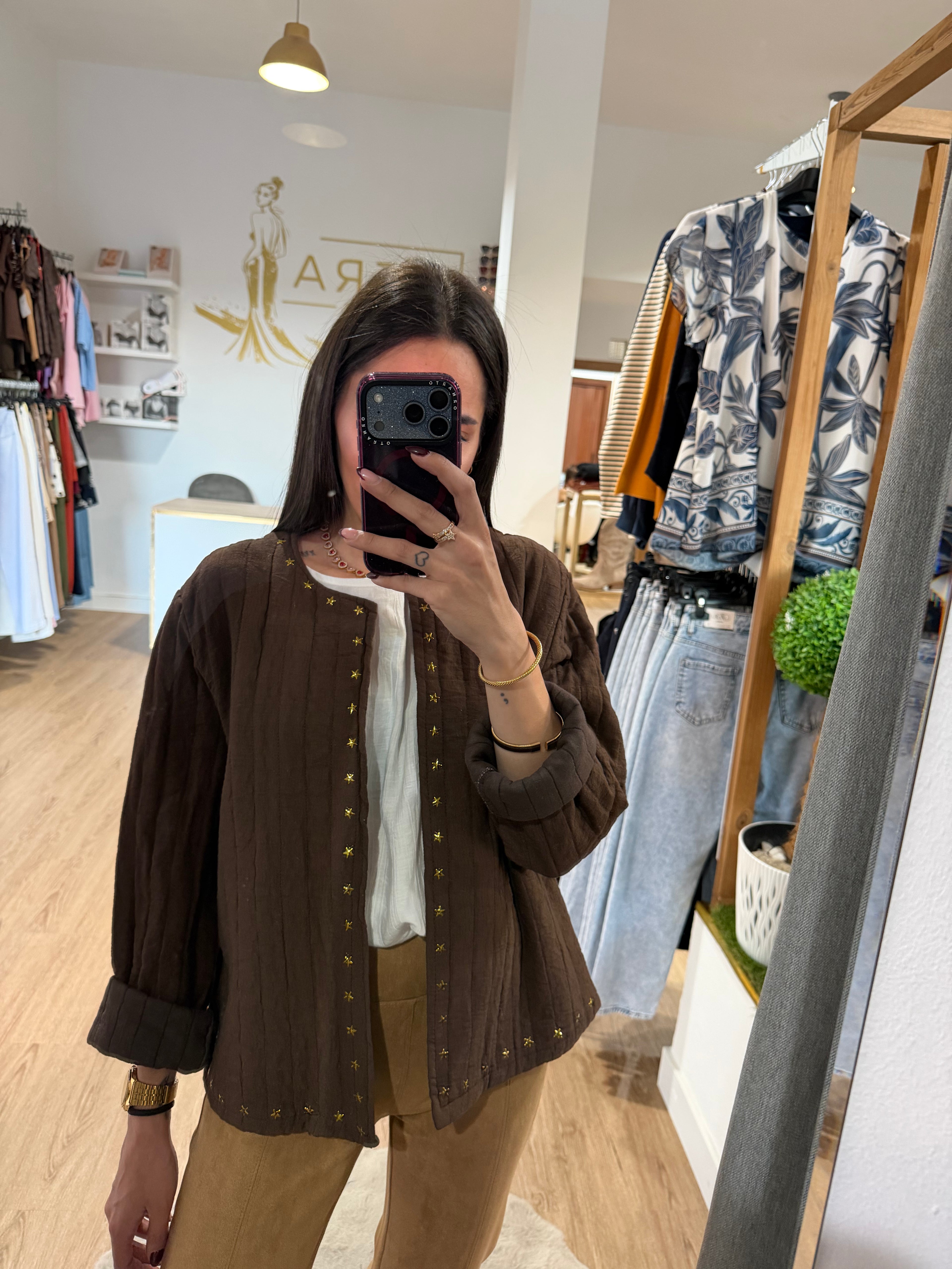 Chaqueta Acolchada Boho con Tachuelas estrella / Chaqueta ligera Abierta