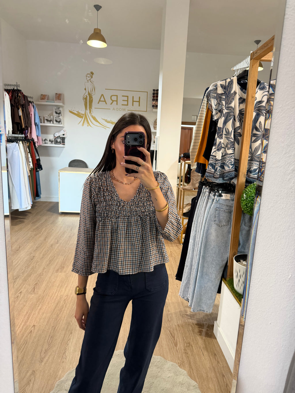Blusa cuadros con Pecho Nido de Abeja / Top Corte Imperio
