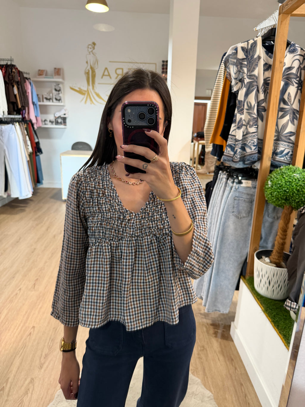 Blusa cuadros con Pecho Nido de Abeja / Top Corte Imperio