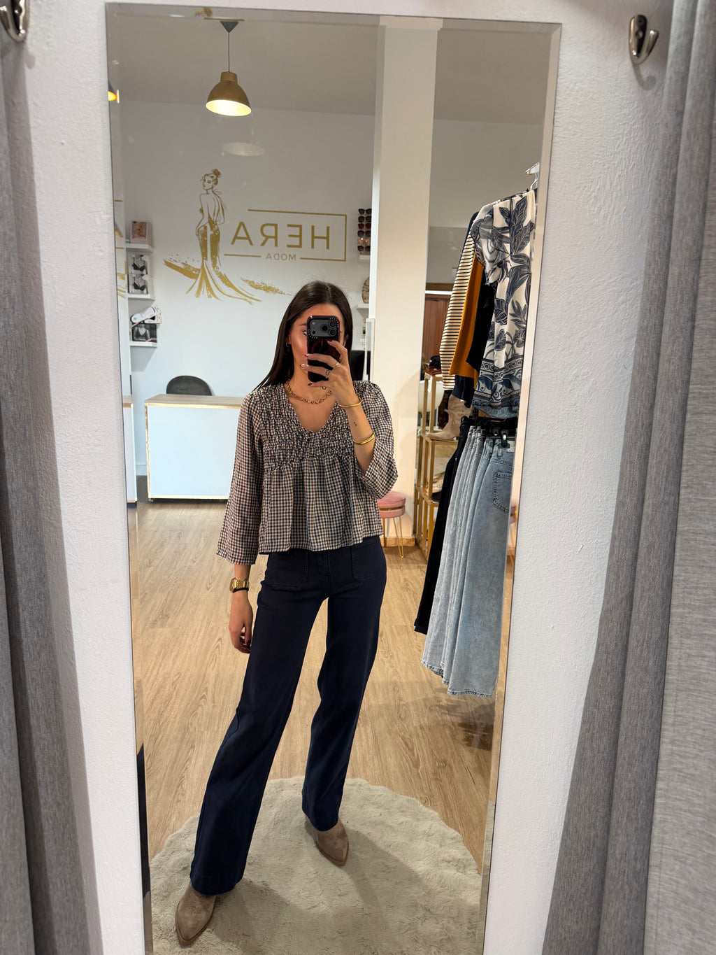 Blusa cuadros con Pecho Nido de Abeja / Top Corte Imperio