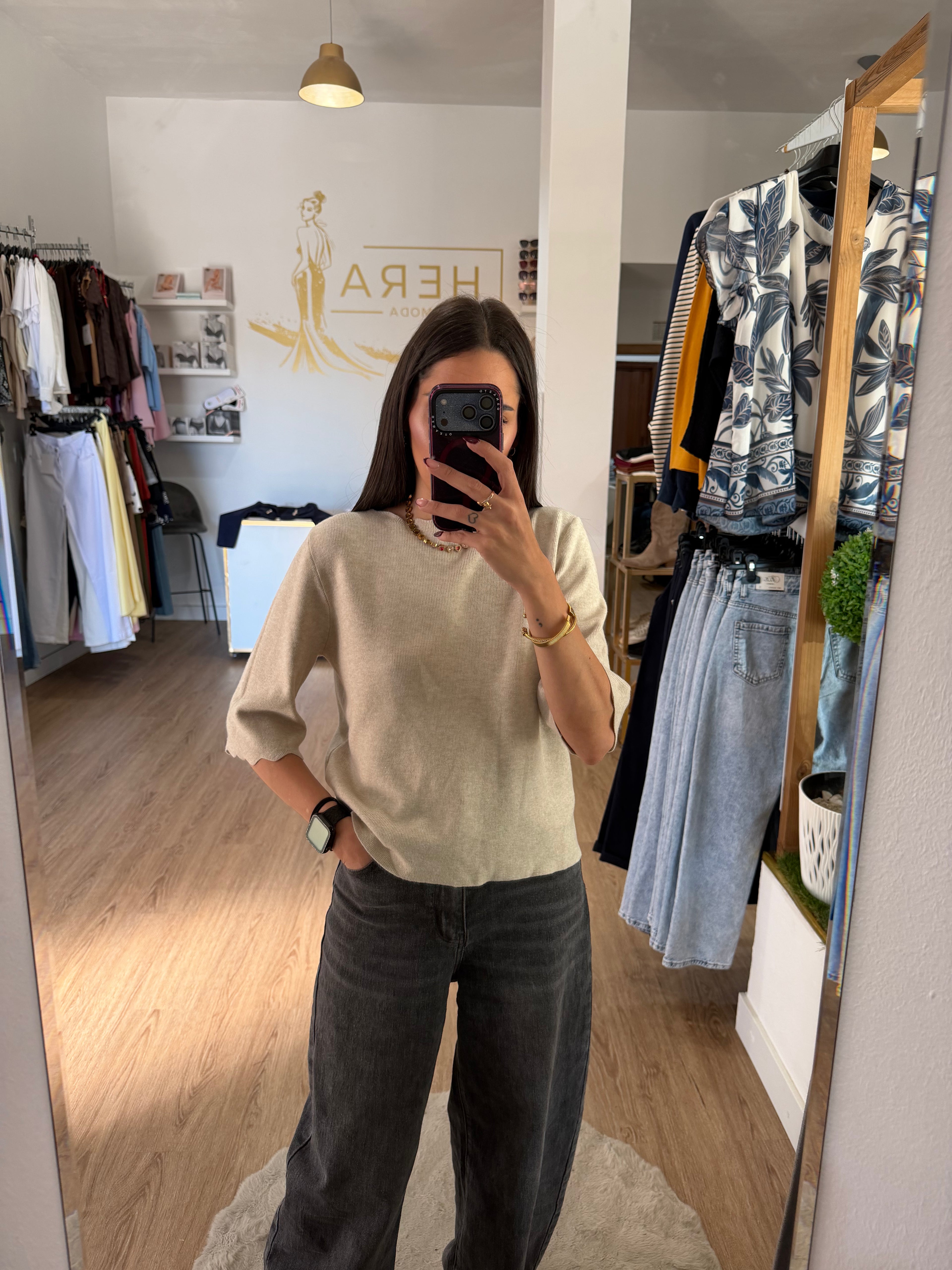 Jersey de punto con cuello y puños ondulados / Top Manga Francesa
