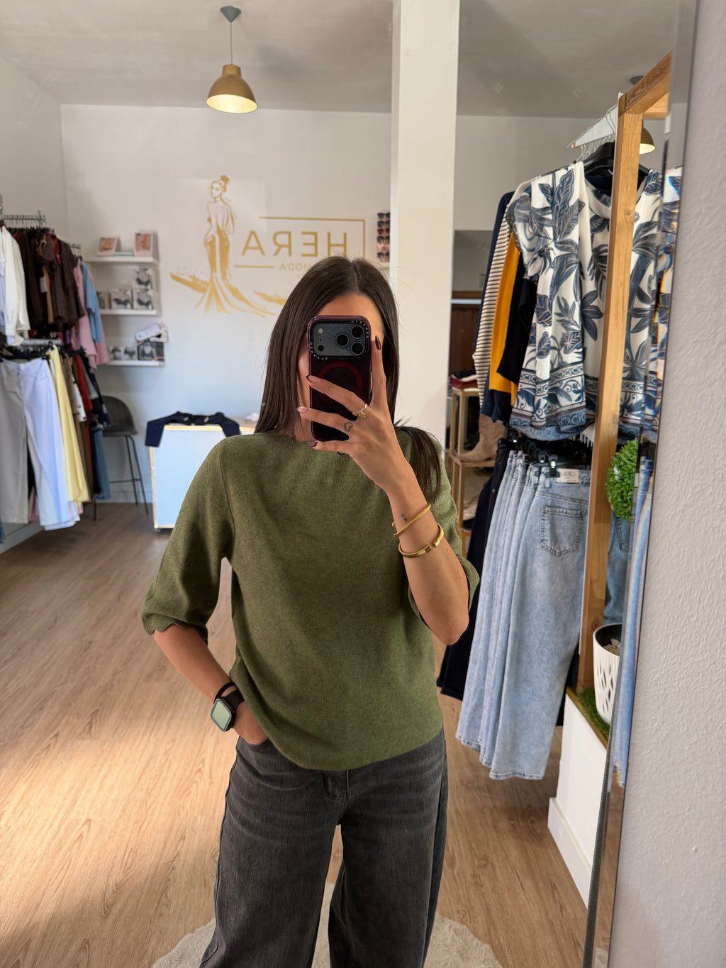 Jersey de punto con cuello y puños ondulados / Top Manga Francesa