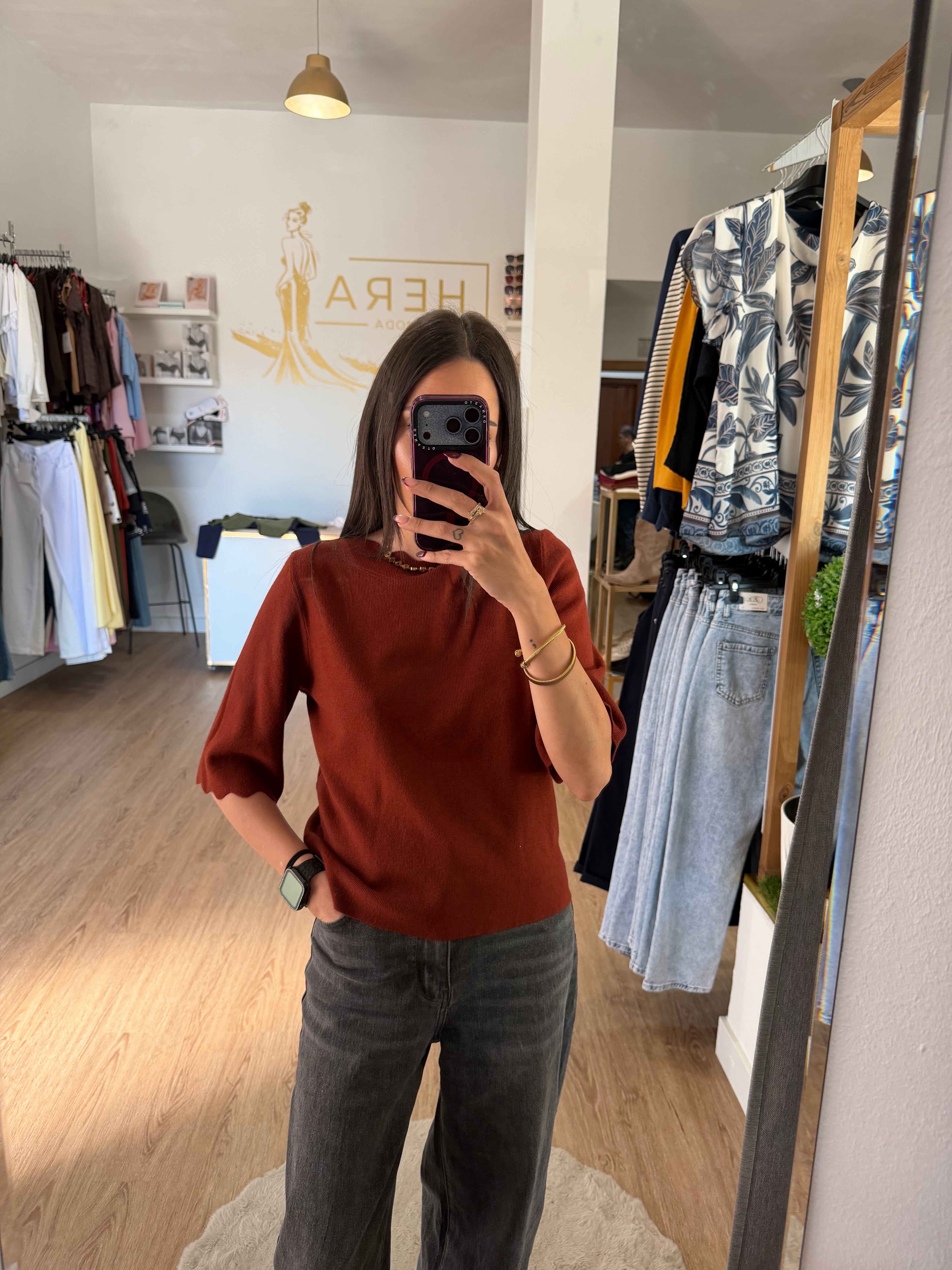 Jersey de punto con cuello y puños ondulados / Top Manga Francesa