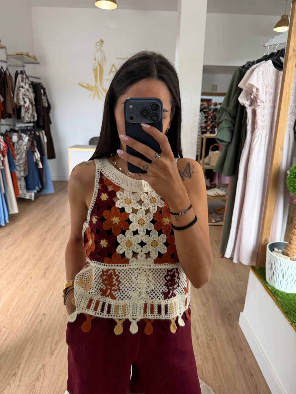 Top crochet con flores en relieve / Camiseta sin mangas boho chic