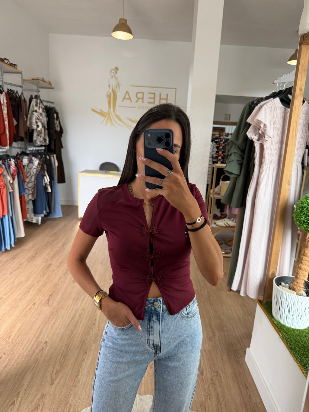 Camiseta entallada estilo oriental con botones de nudo / Top manga corta abertura frontal