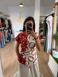 Camisa fluida mix estampados con lazo lateral / Blusa camisera combinada con nudo