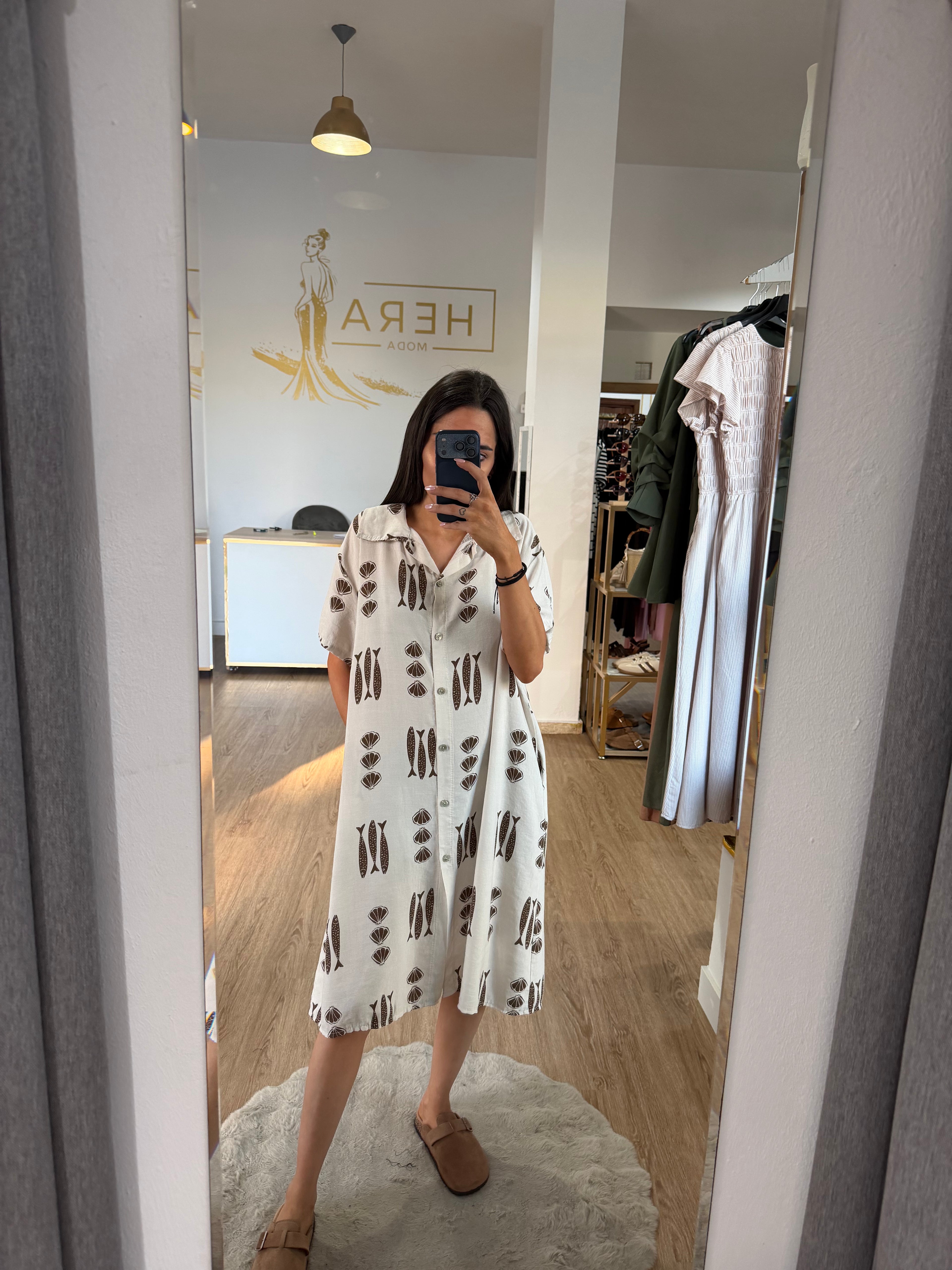 Vestido camisero marinero estampado peces y conchas / Vestido midi fluido