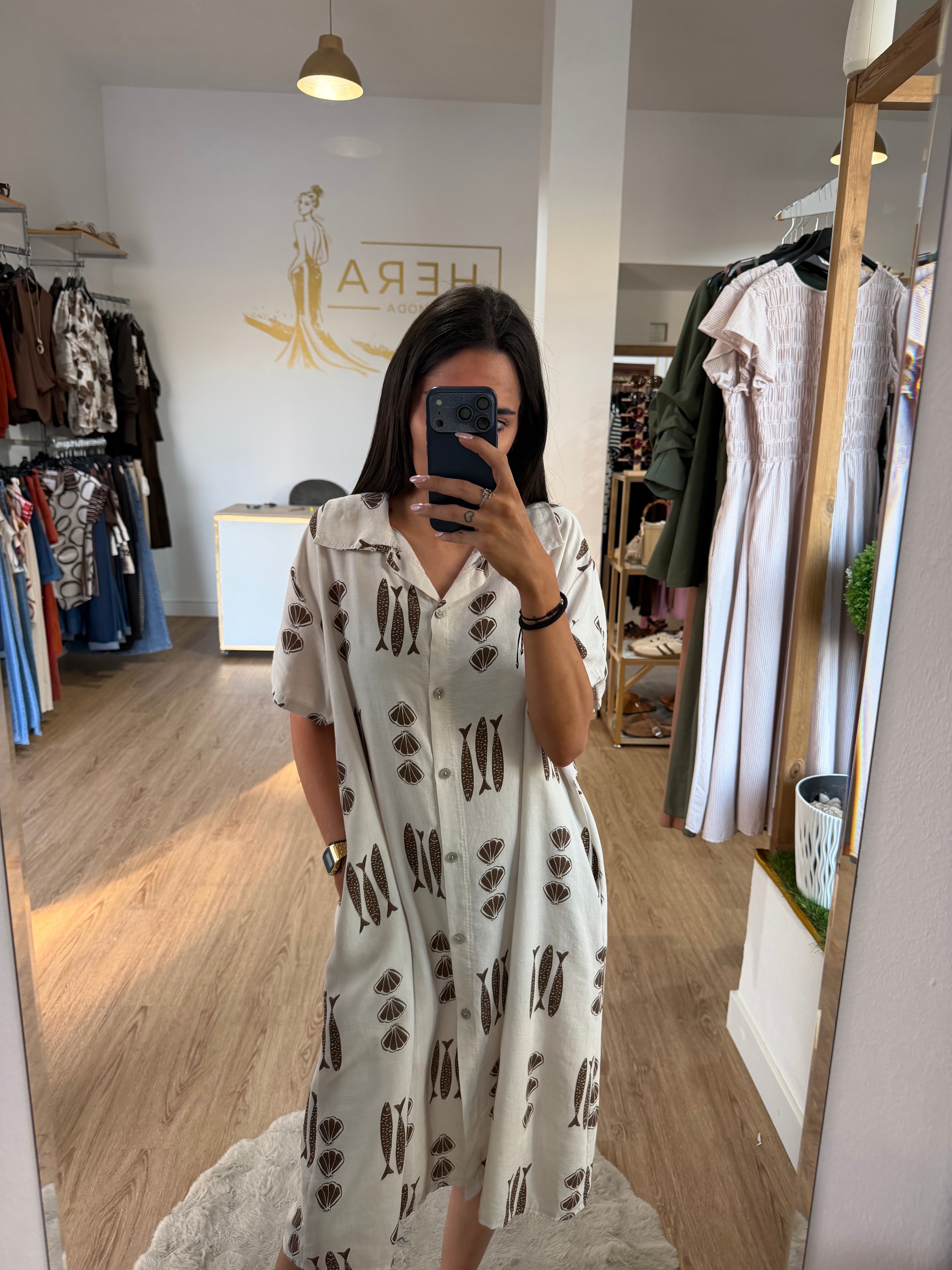 Vestido camisero marinero estampado peces y conchas / Vestido midi fluido