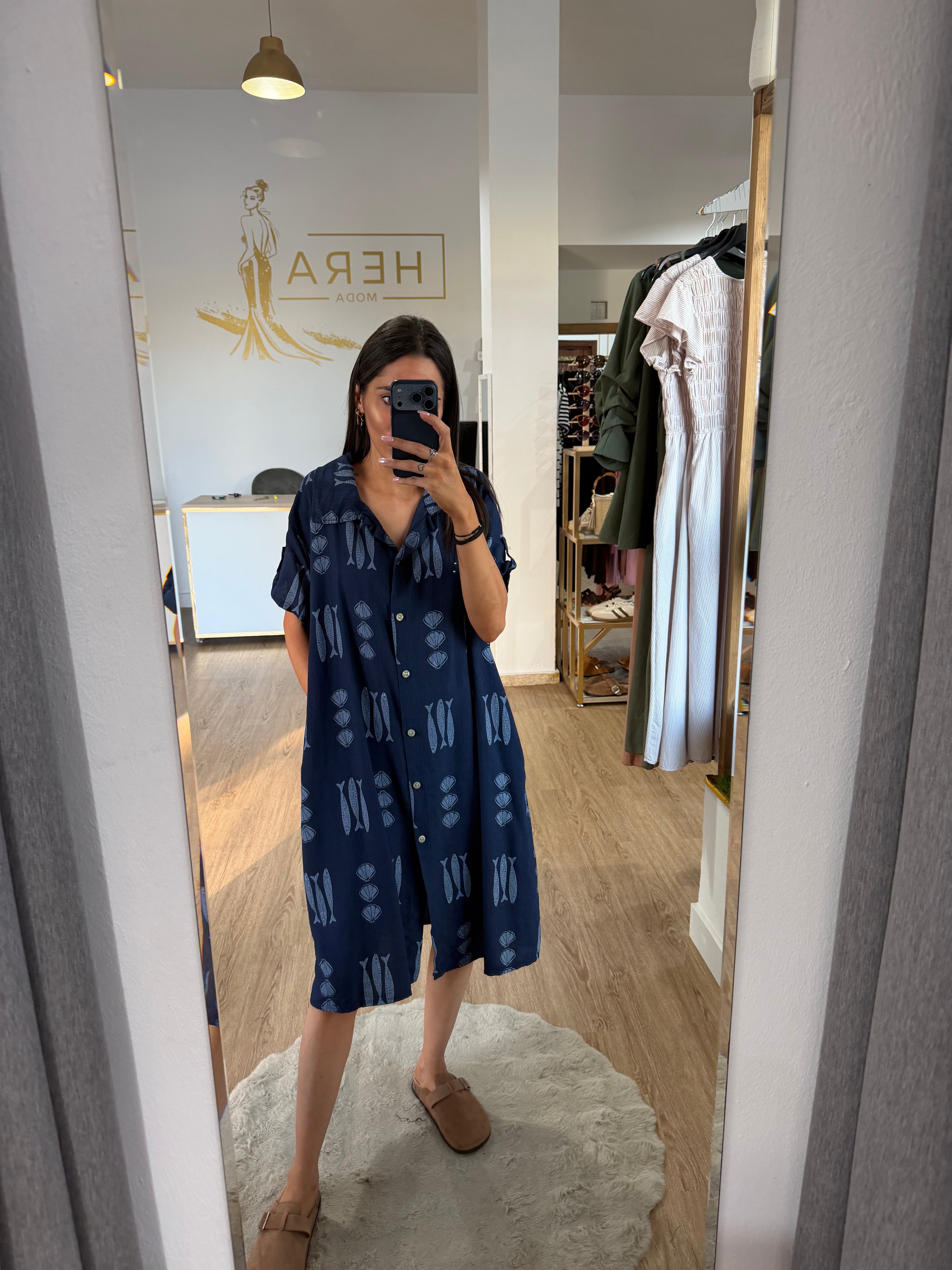 Vestido camisero marinero estampado peces y conchas / Vestido midi fluido