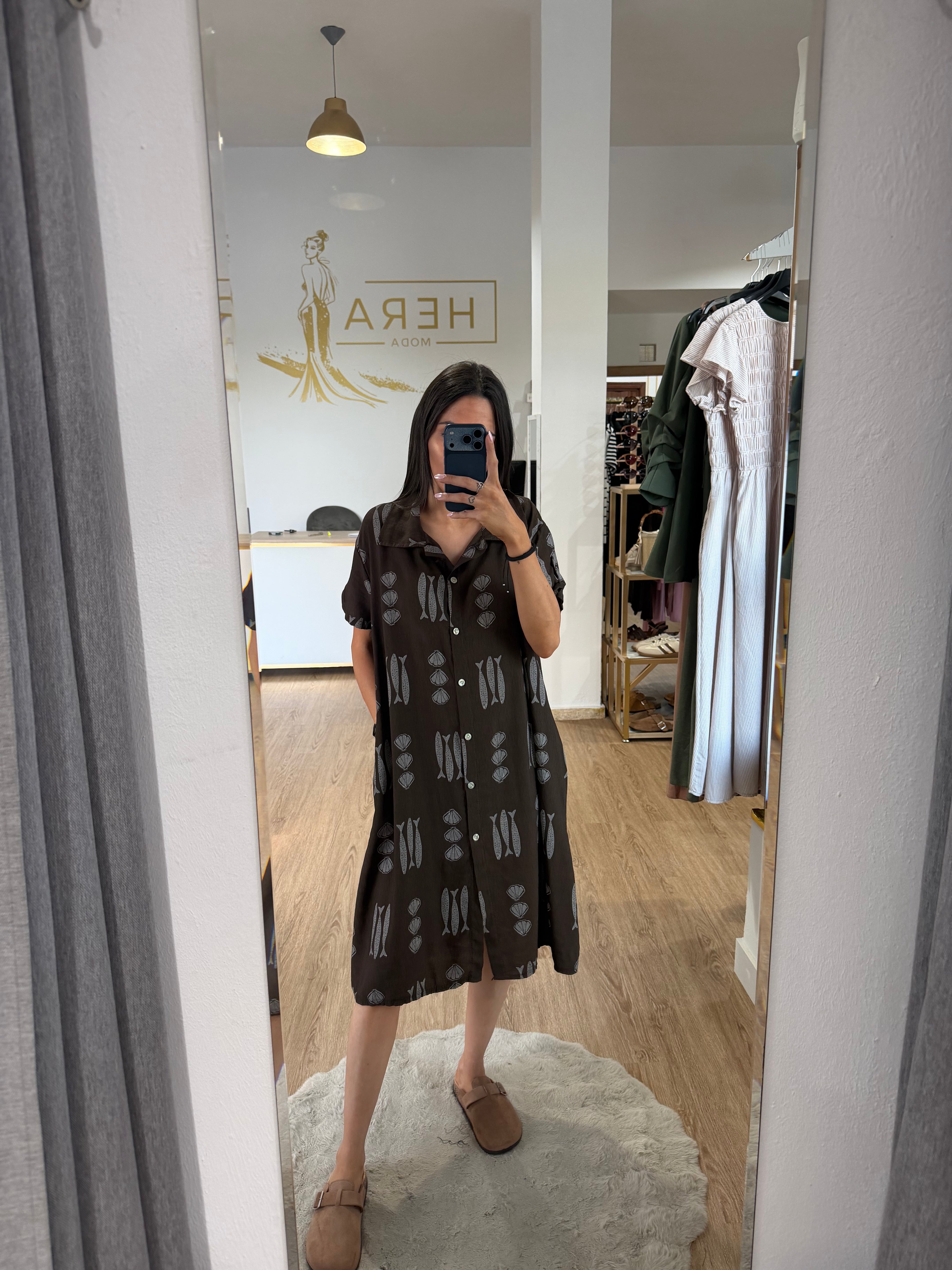 Vestido camisero marinero estampado peces y conchas / Vestido midi fluido