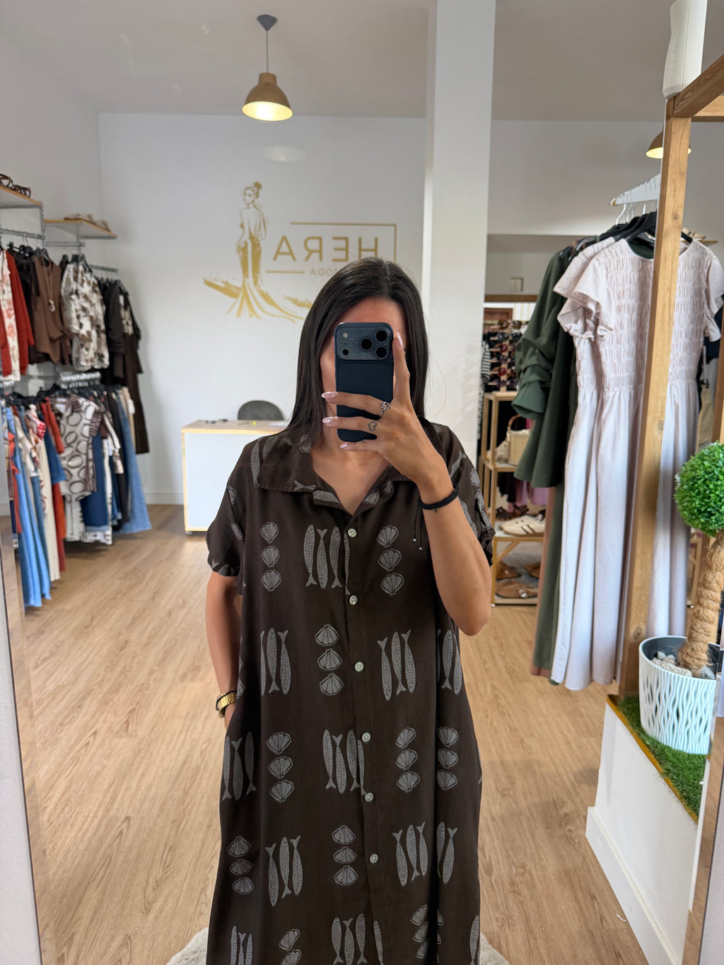 Vestido camisero marinero estampado peces y conchas / Vestido midi fluido