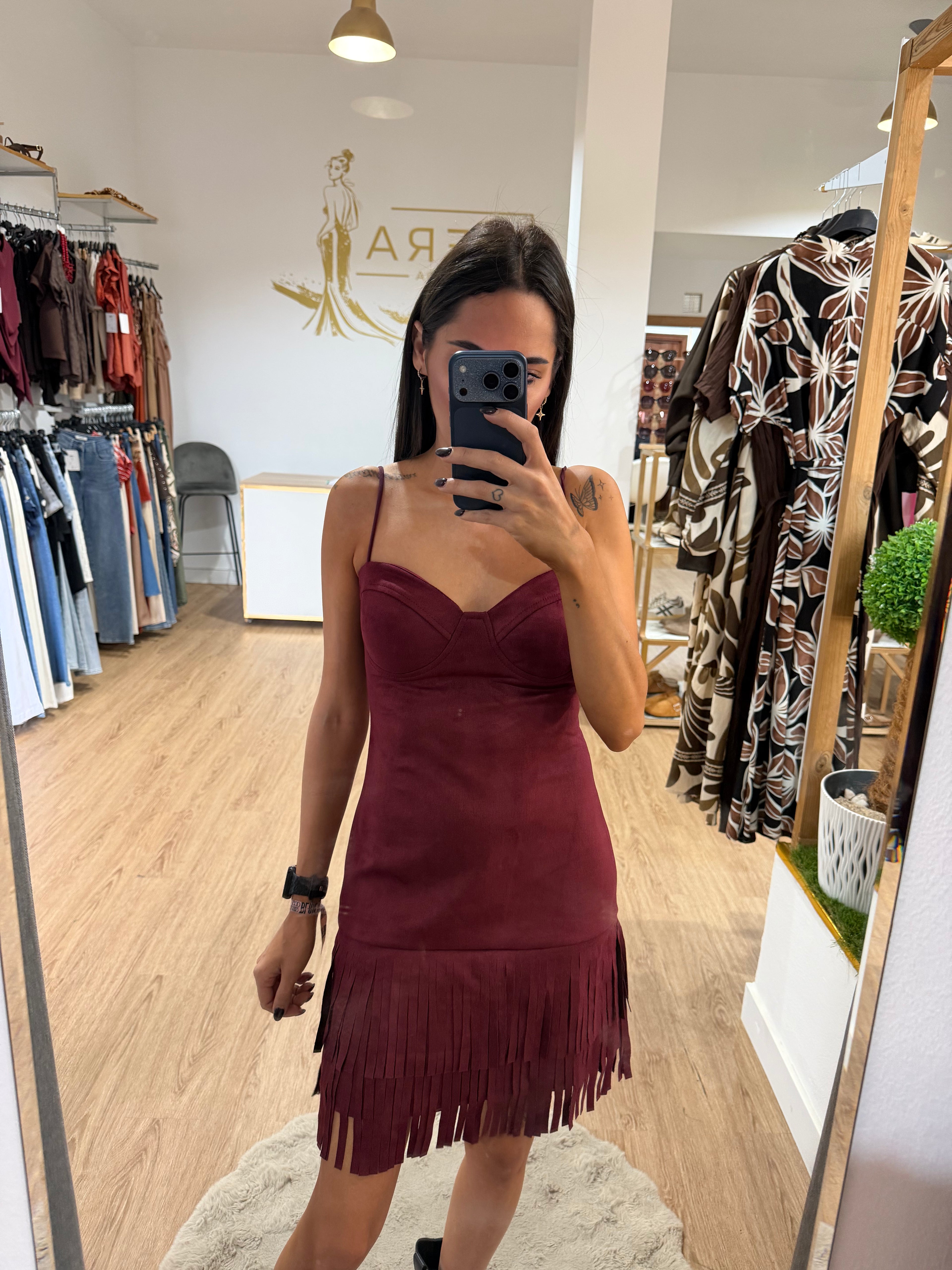 Vestido de ante con flecos en el bajo / Vestido corto Teja y Burdeos