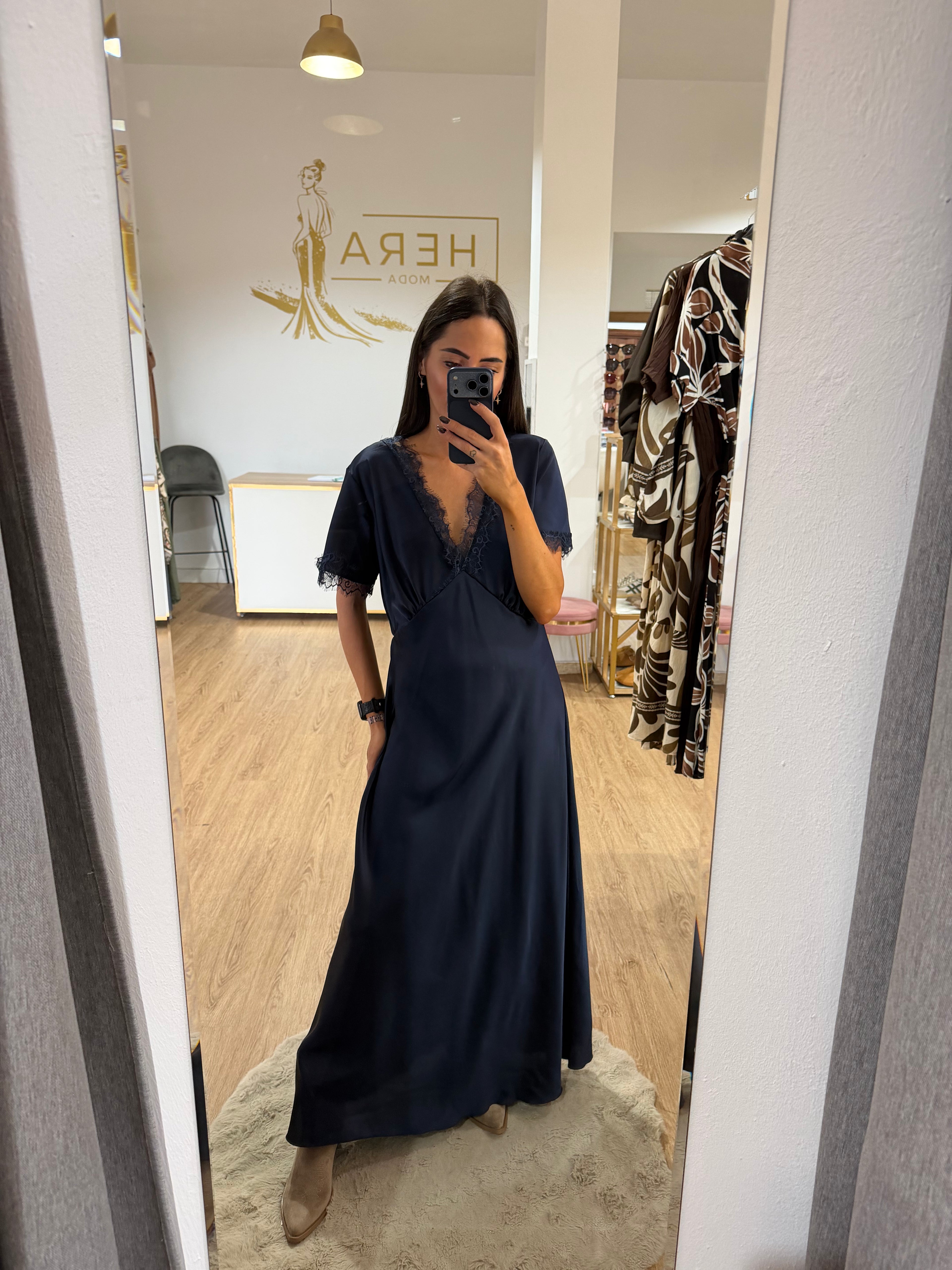 Vestido Largo Satinado Lencero con Encaje / Varios colores