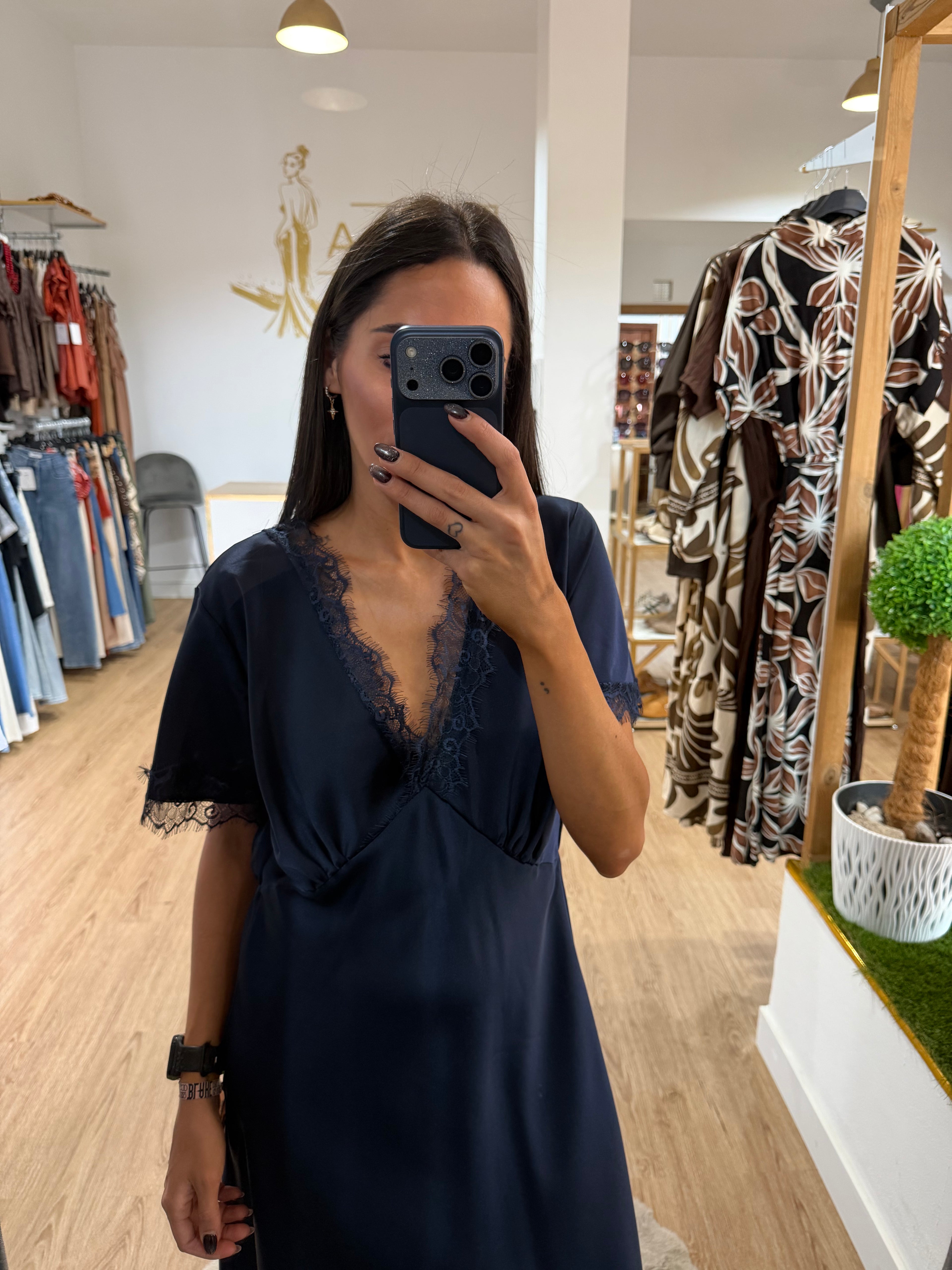 Vestido Largo Satinado Lencero con Encaje / Varios colores