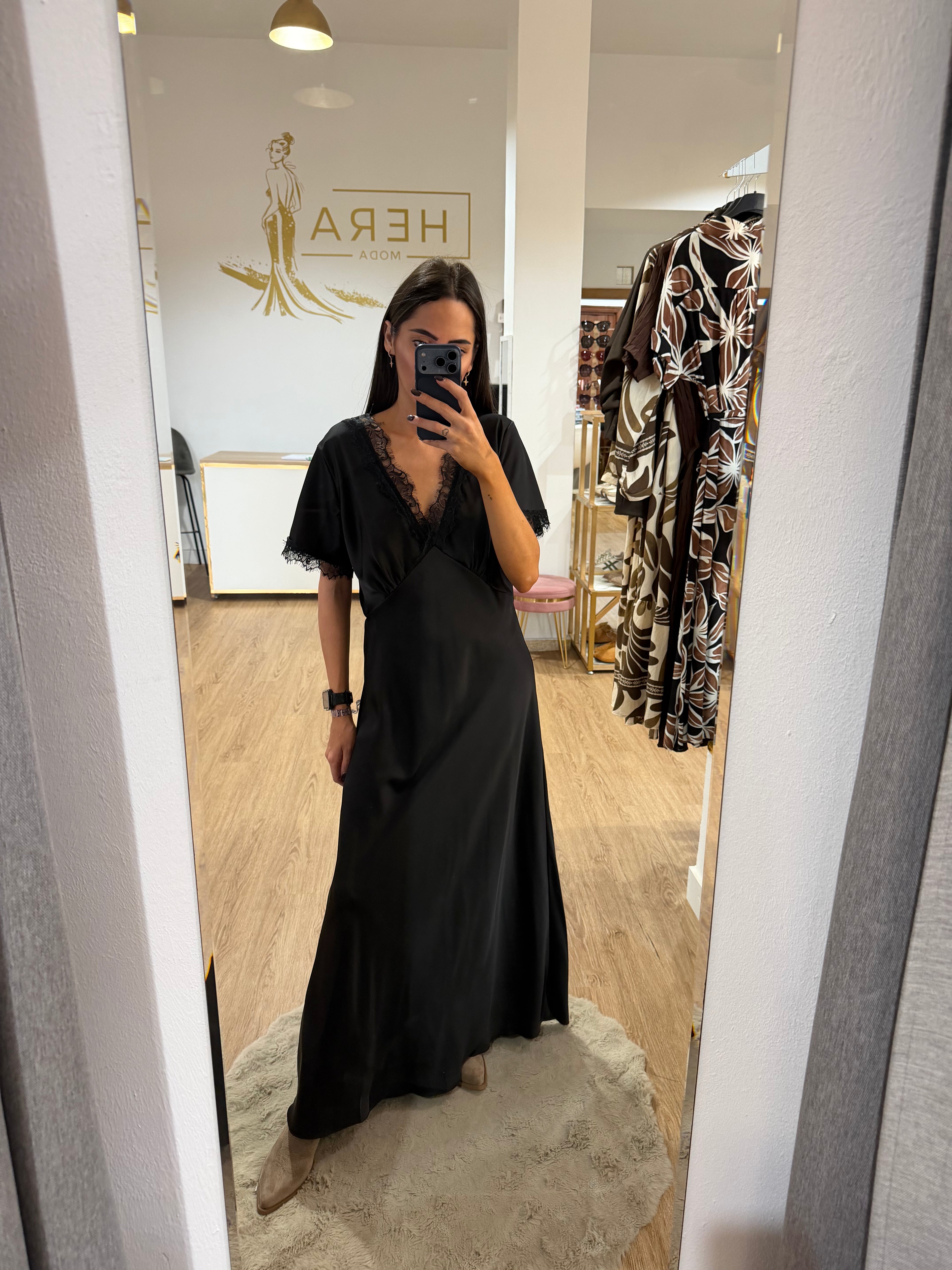Vestido Largo Satinado Lencero con Encaje / Varios colores
