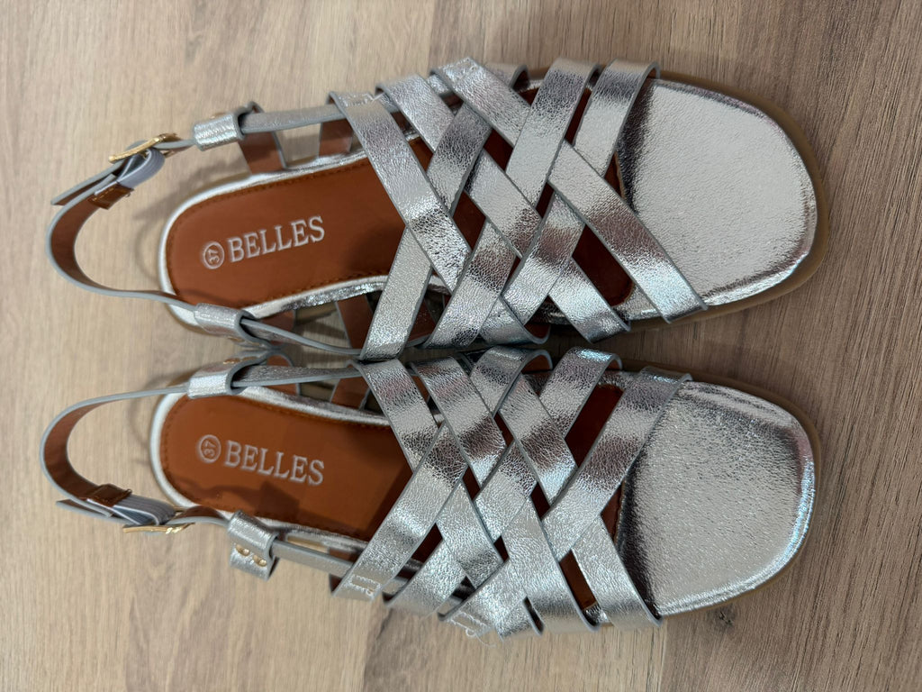 Sandalias Planas Metalizadas Plata / Rectas con Tiras Entrelazadas