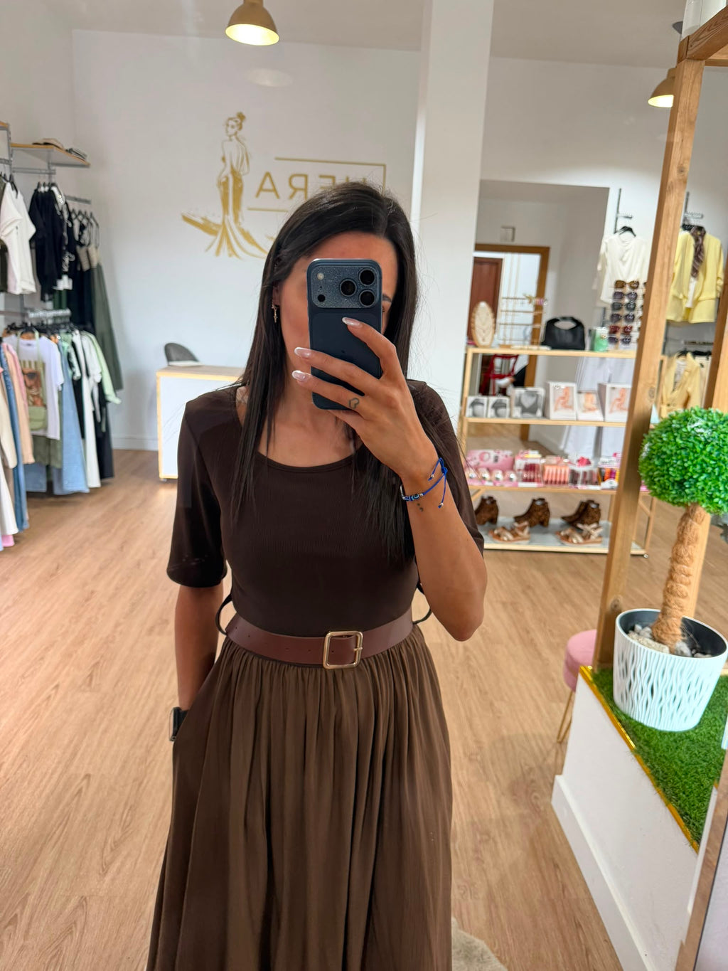 Vestido Midi Combinado con Cinturón - Vestido Falda Fluida Media Manga Mujer