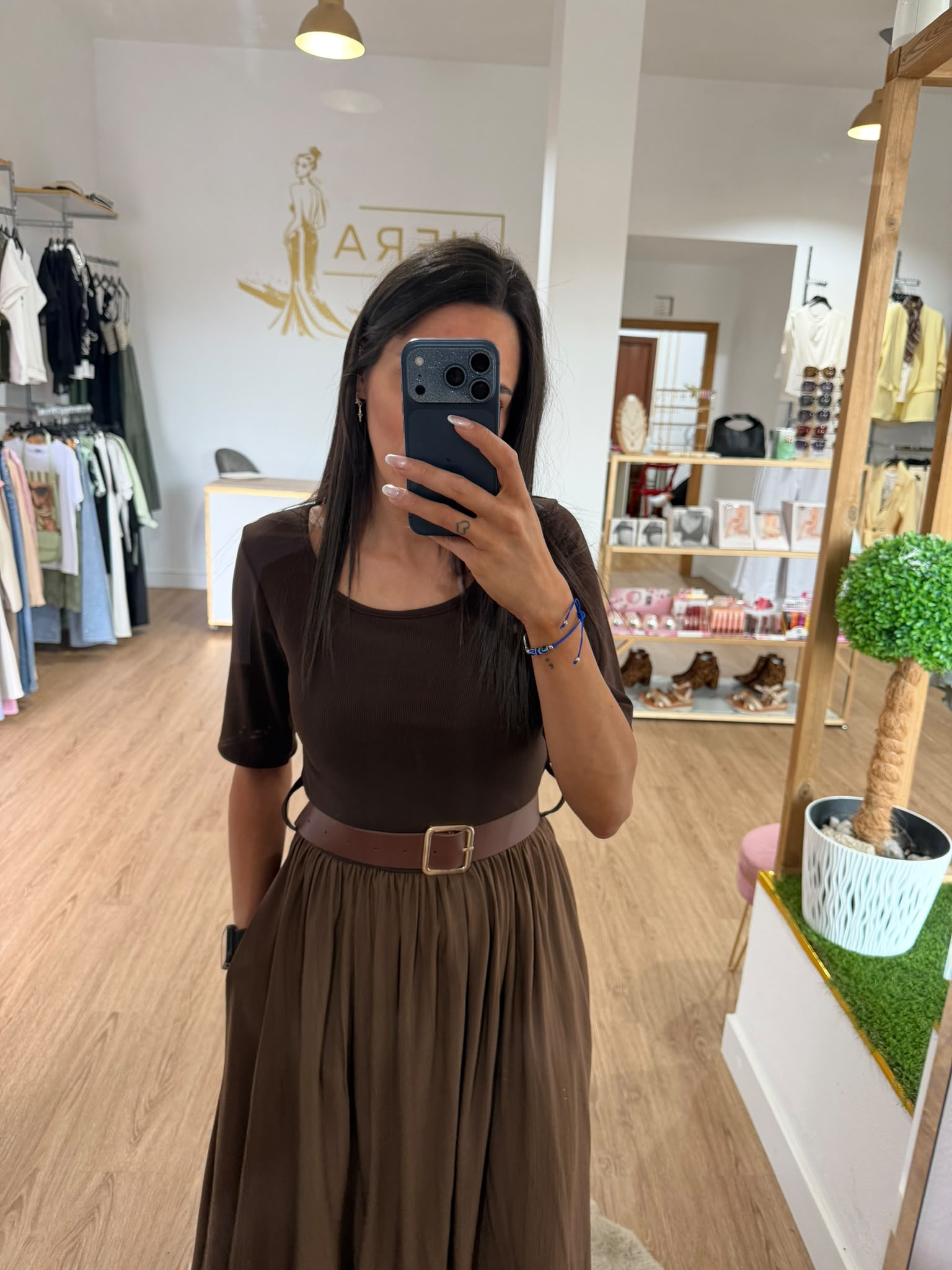 Vestido Midi Combinado con Cinturón - Vestido Falda Fluida Media Manga Mujer
