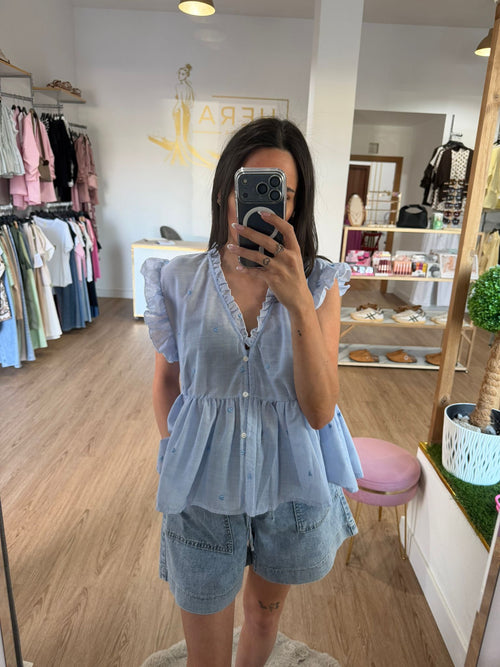 Blusa Fluida de Rayas con Volantes y Mini Bordados / Blusa Estilo Babydoll