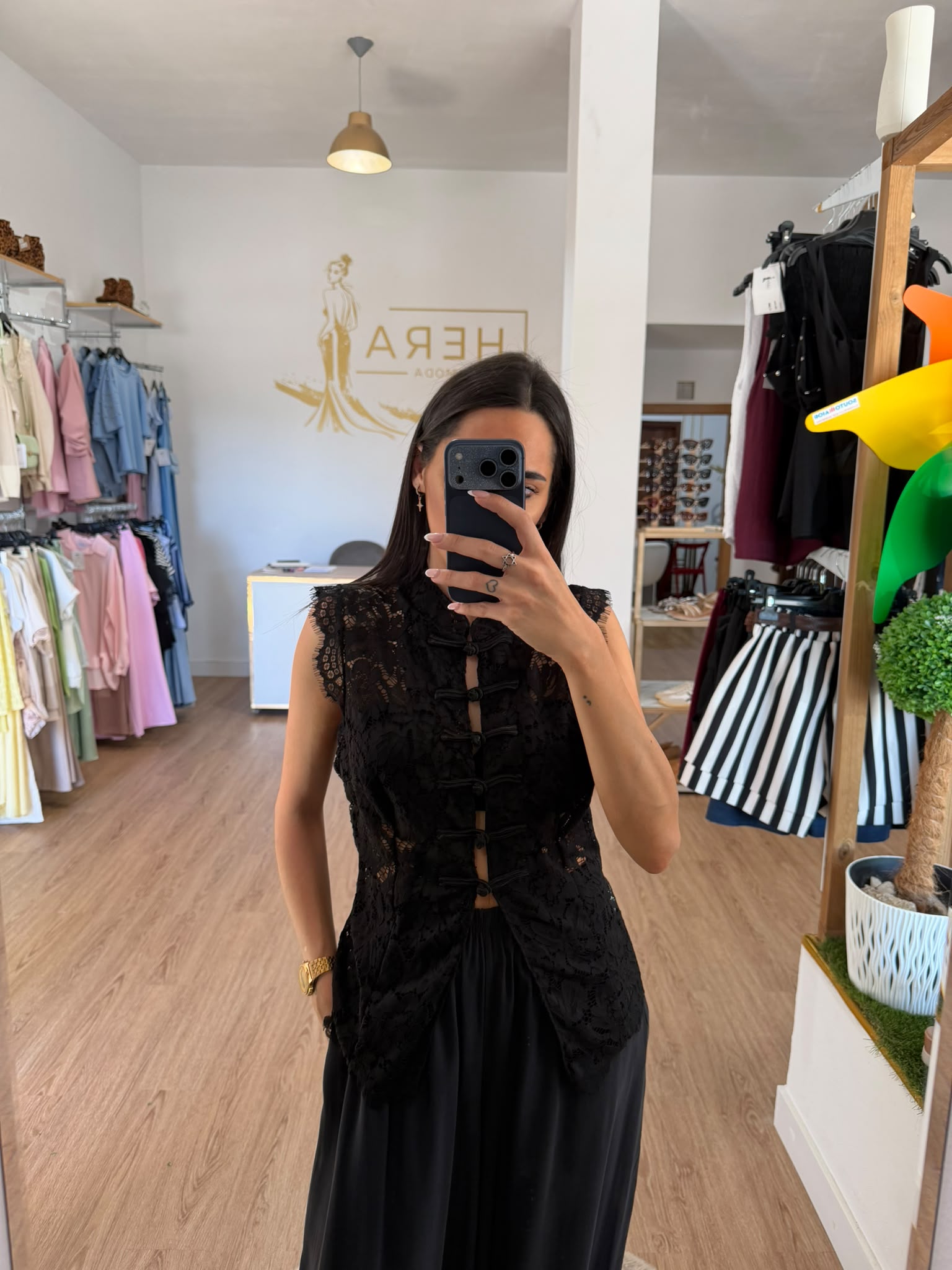Top de Encaje Oriental con Botones / Chaleco Encaje con Cuello Mao