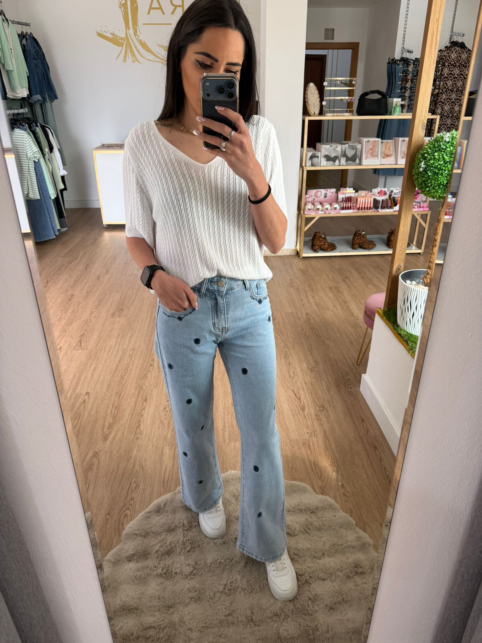 Jeans rectos con Bordado de Flores - Estilo Boho Chic