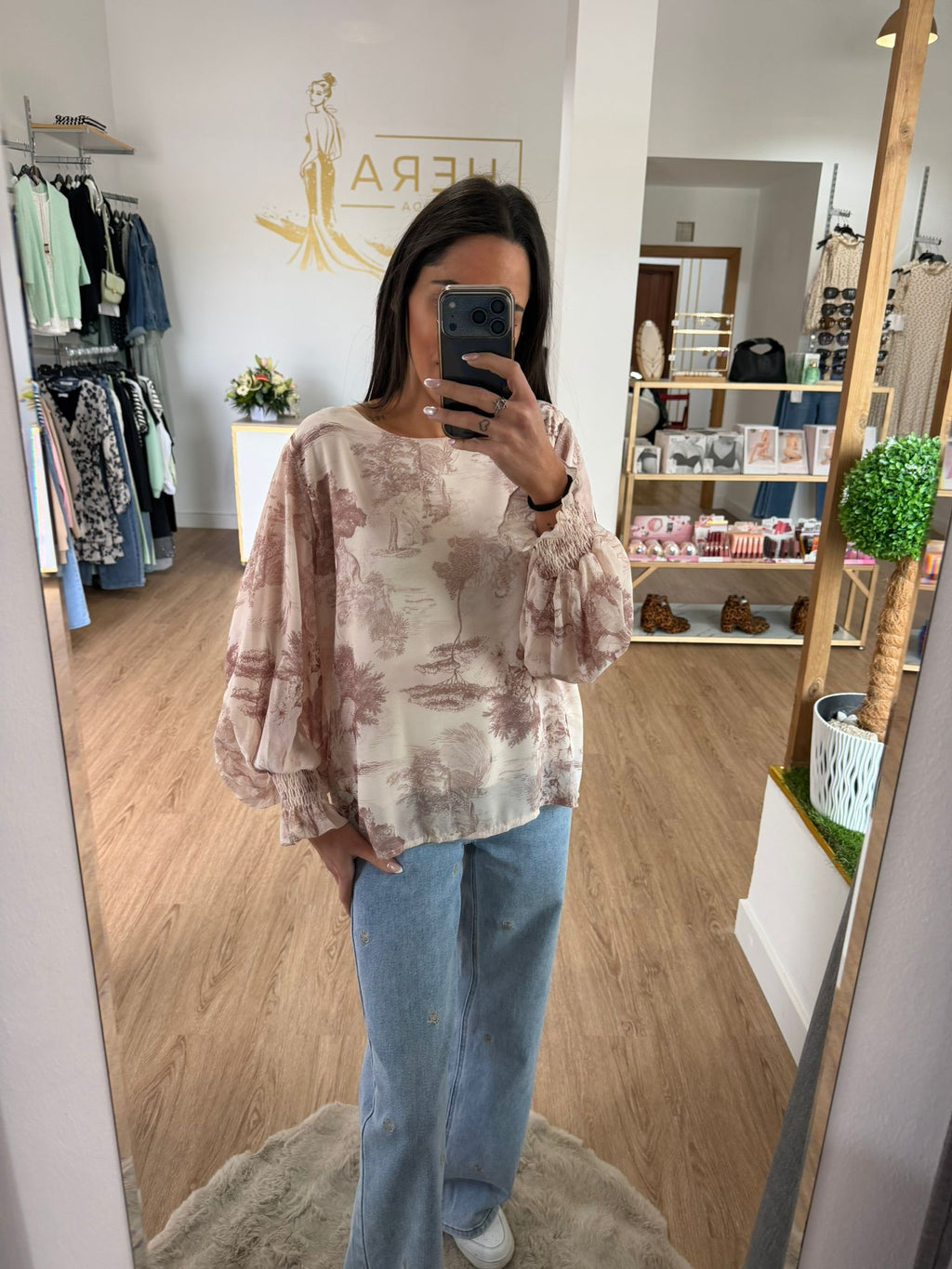 Blusa Fluida con Estampado y Mangas Abullonadas - Estilo Romántico Francés