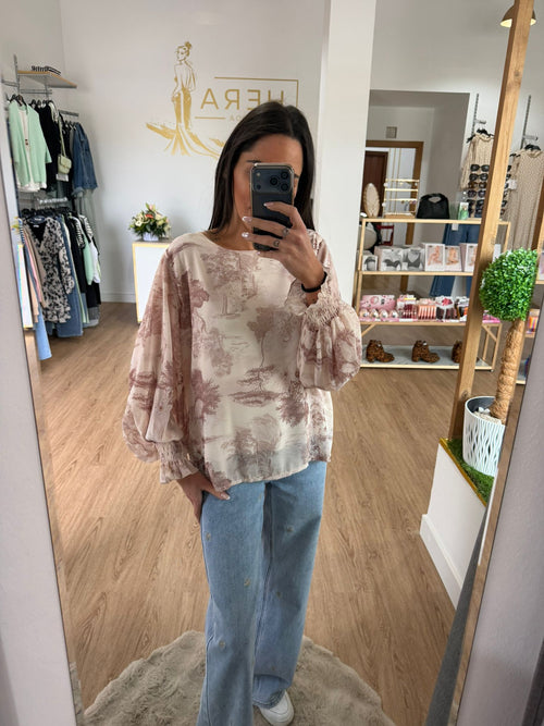 Blusa Fluida con Estampado y Mangas Abullonadas - Estilo Romántico Francés
