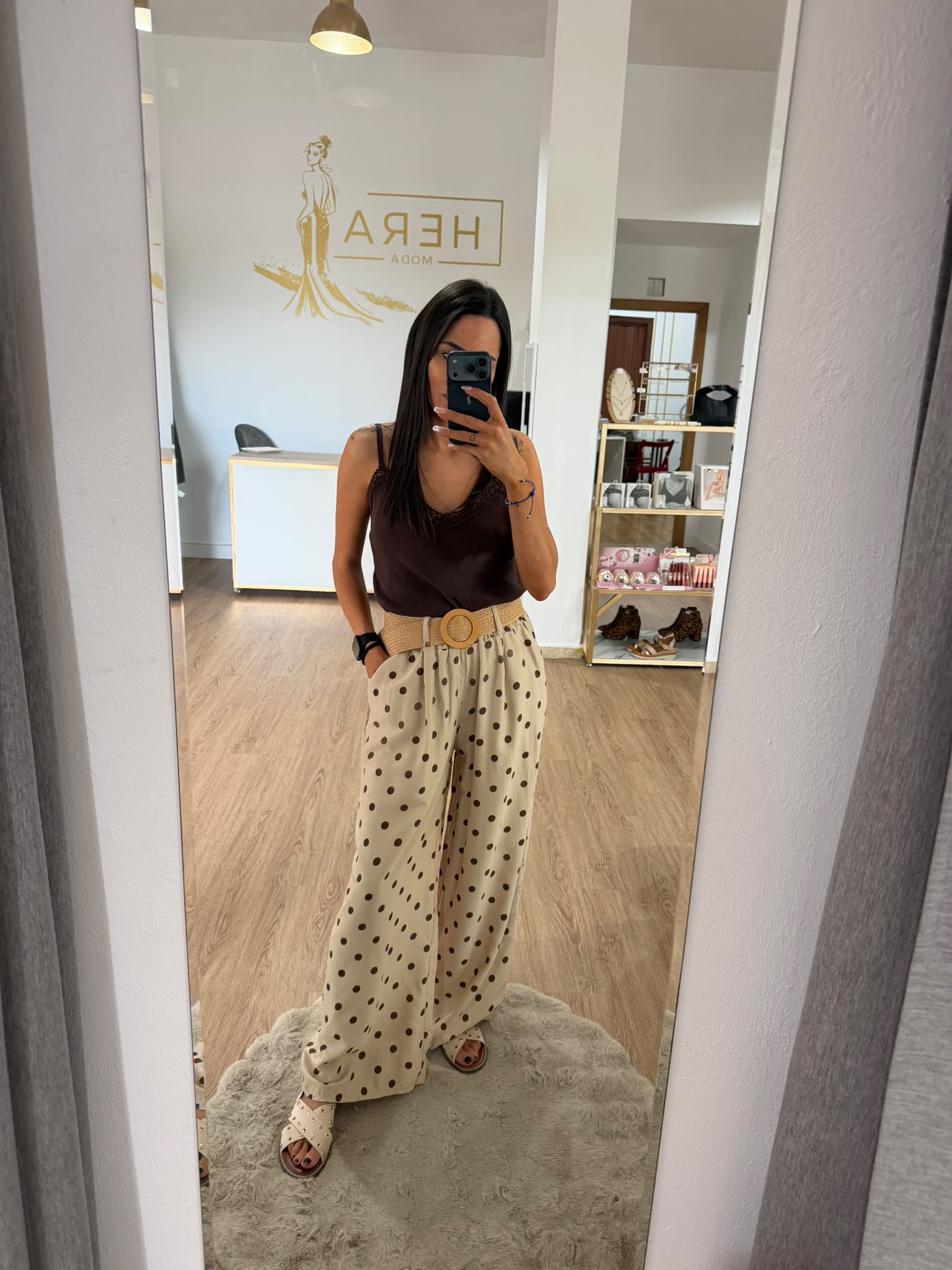 Pantalón Palazzo de Lunares con Cinturón de Rafia - Pantalón Fluido Tiro Alto Mujer