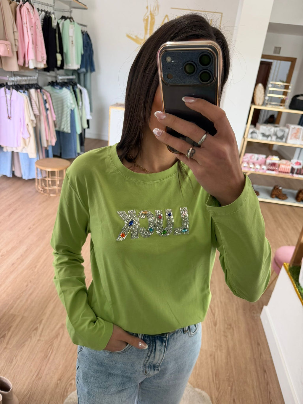 Camiseta de Algodón Manga Larga "Luck" con Brillitos – Estilo Casual Chic