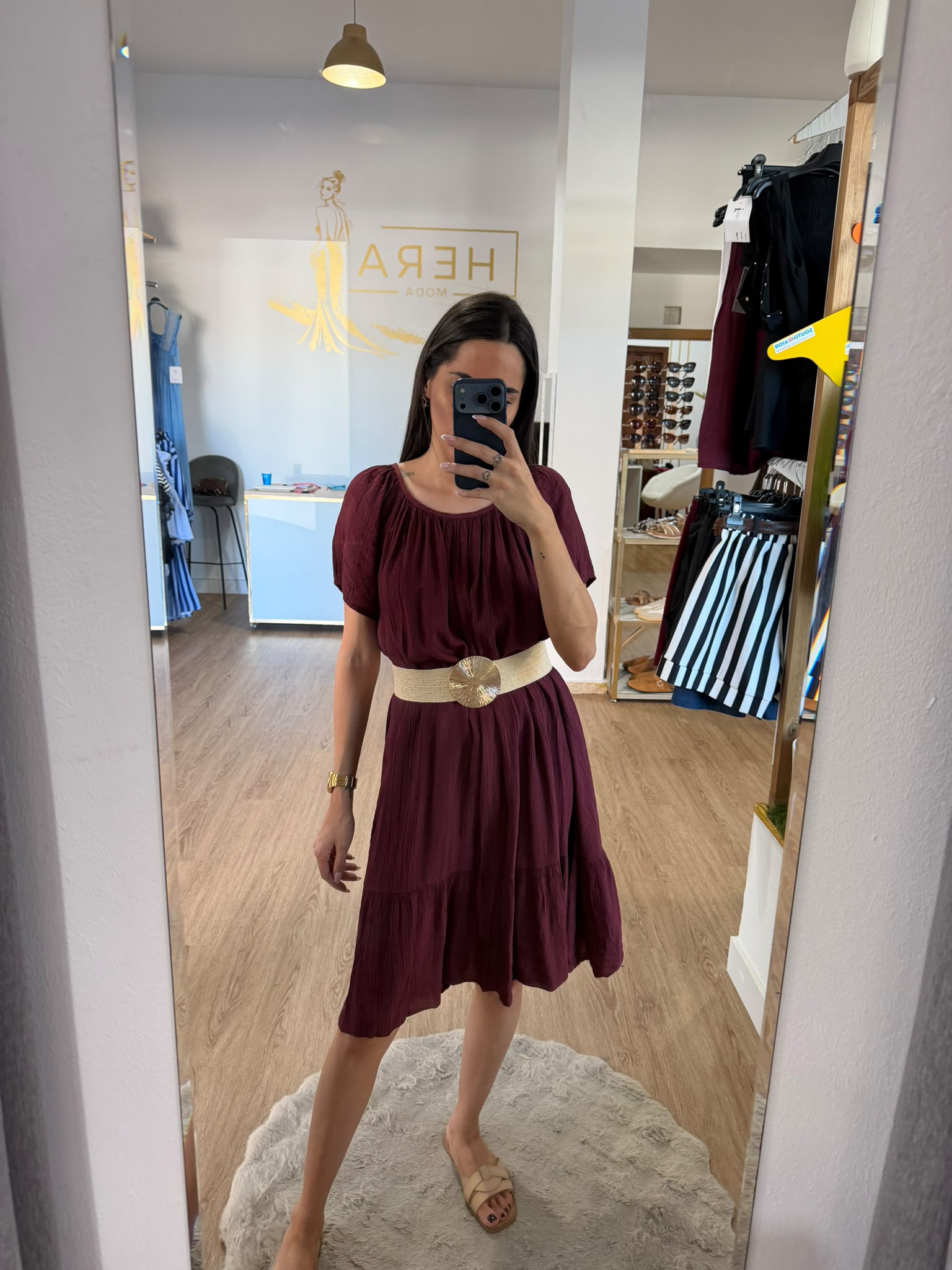 Vestido Midi Bambula Texturizado / Vestido Fluido de Manga Corta con Volante