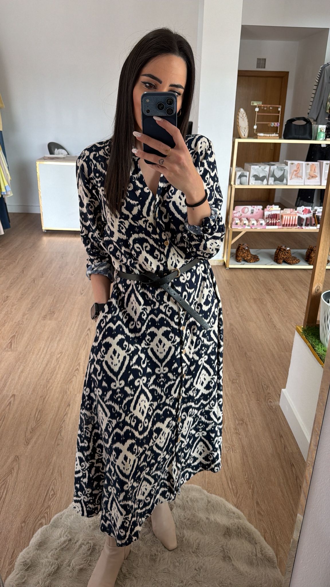 Vestido camisero Midi con Estampado Étnico y cinturón- 2 colores