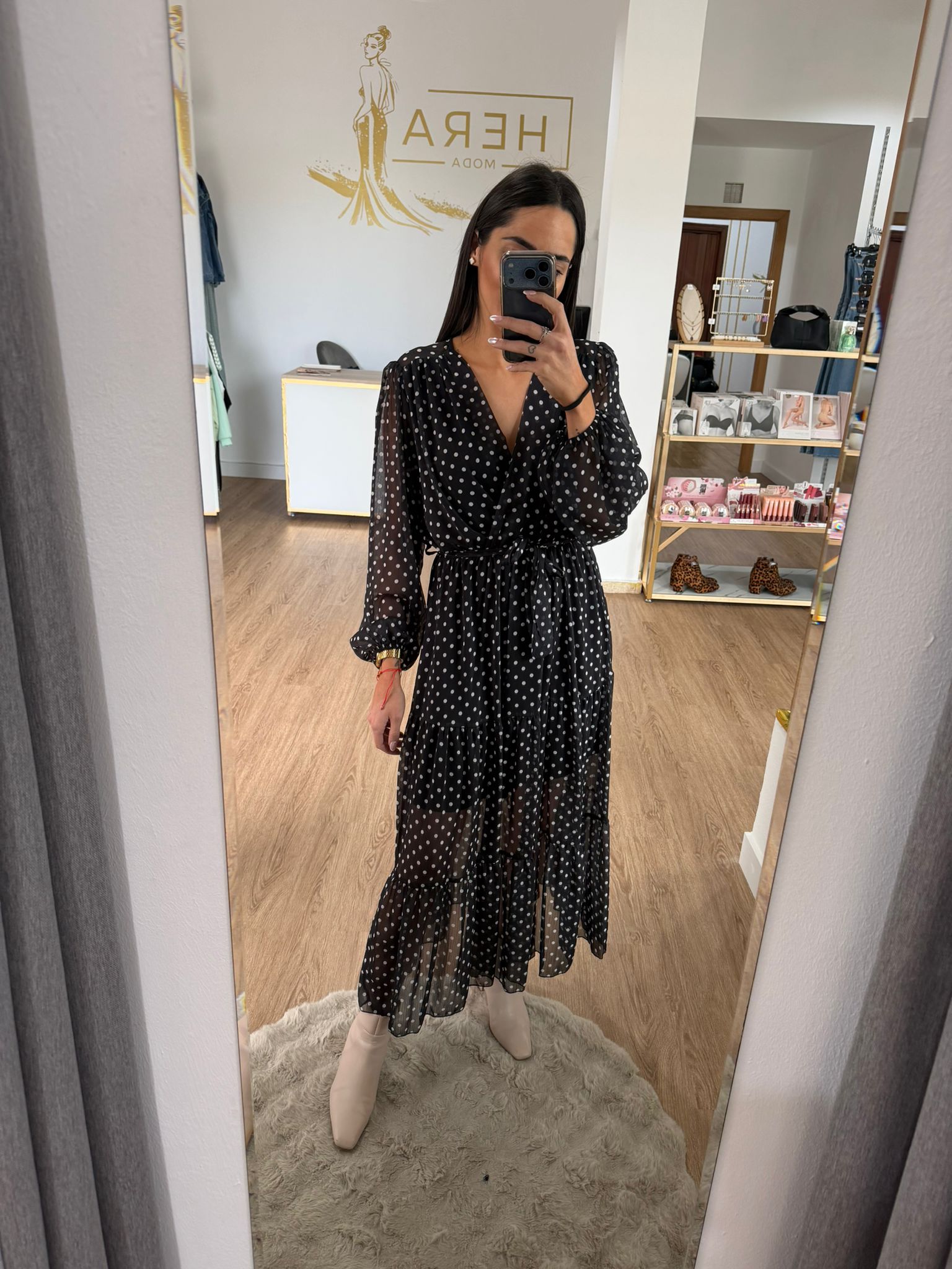 Vestido Largo Gasa Lunares - Cintura ajustable