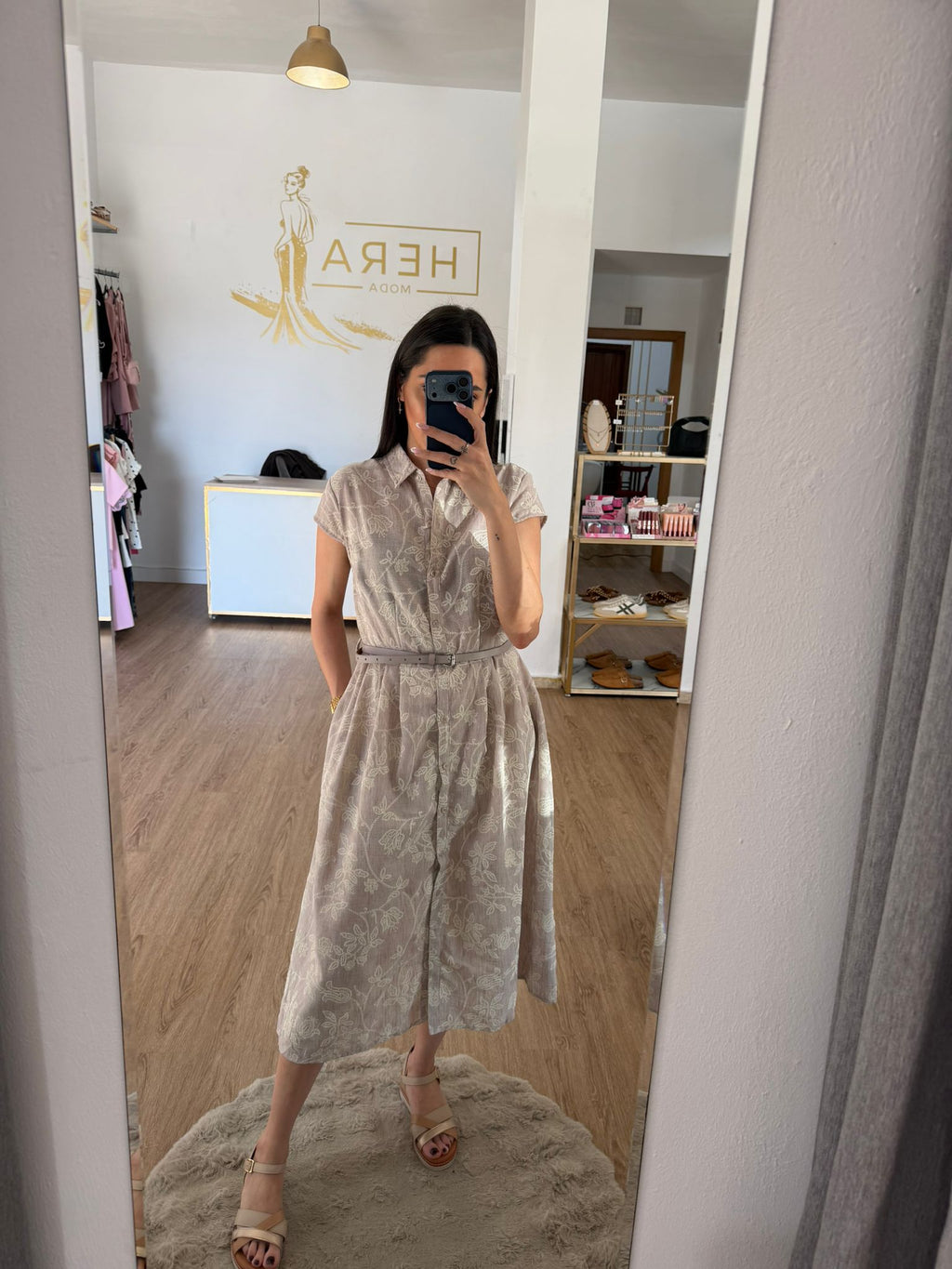 Vestido Camisero Midi Estampado con cinturón - Vestido Fluido de Manga Corta Con Bolsillos