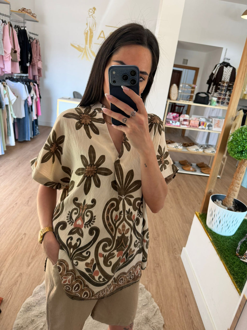 Blusa Fluida Estampado Floral y Cuello Mao / Blusa Boho