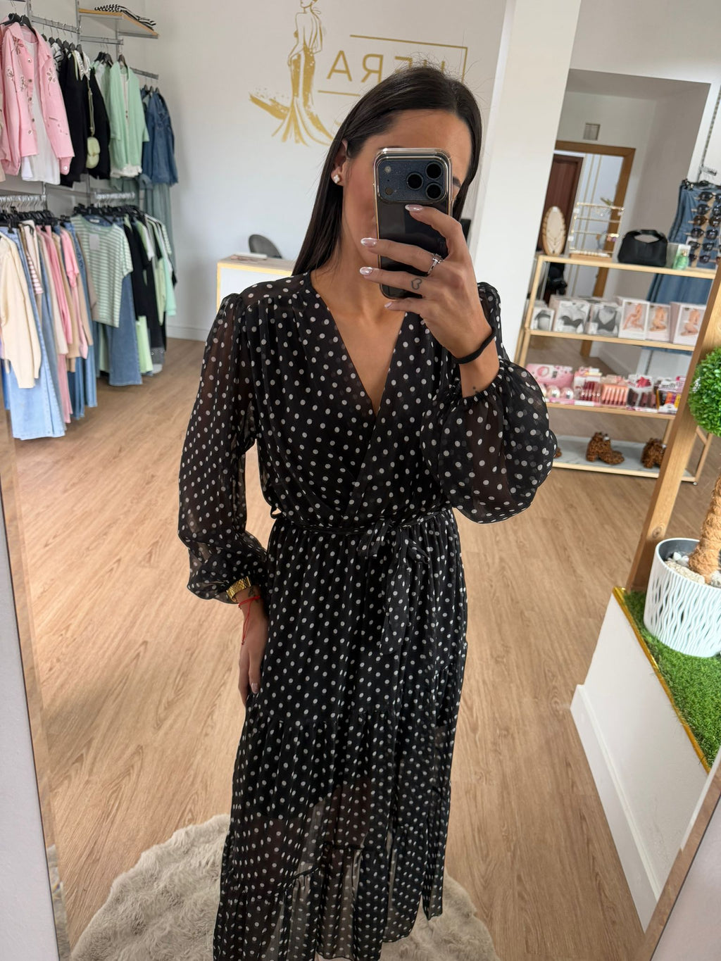 Vestido Largo Gasa Lunares - Cintura ajustable