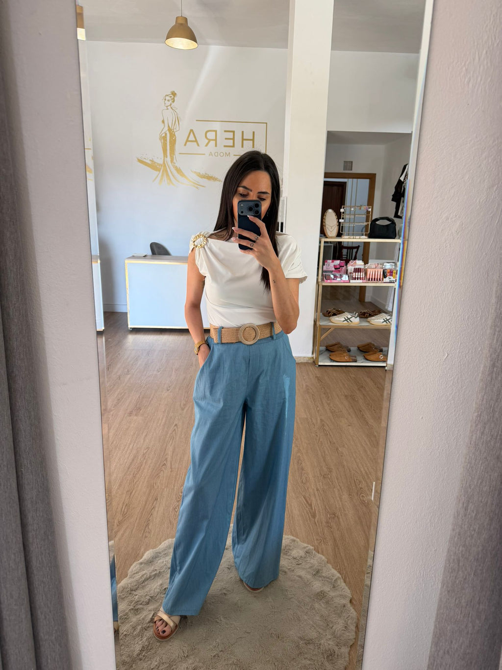 Pantalón Ancho Fluido Efecto Denim con Cinturón de Rafia / Pantalón Palazzo Ligero