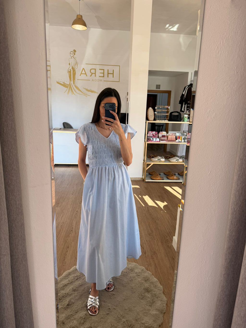 Vestido Largo de Rayas con Nido de Abeja / Vestido Fluido Manga Volante