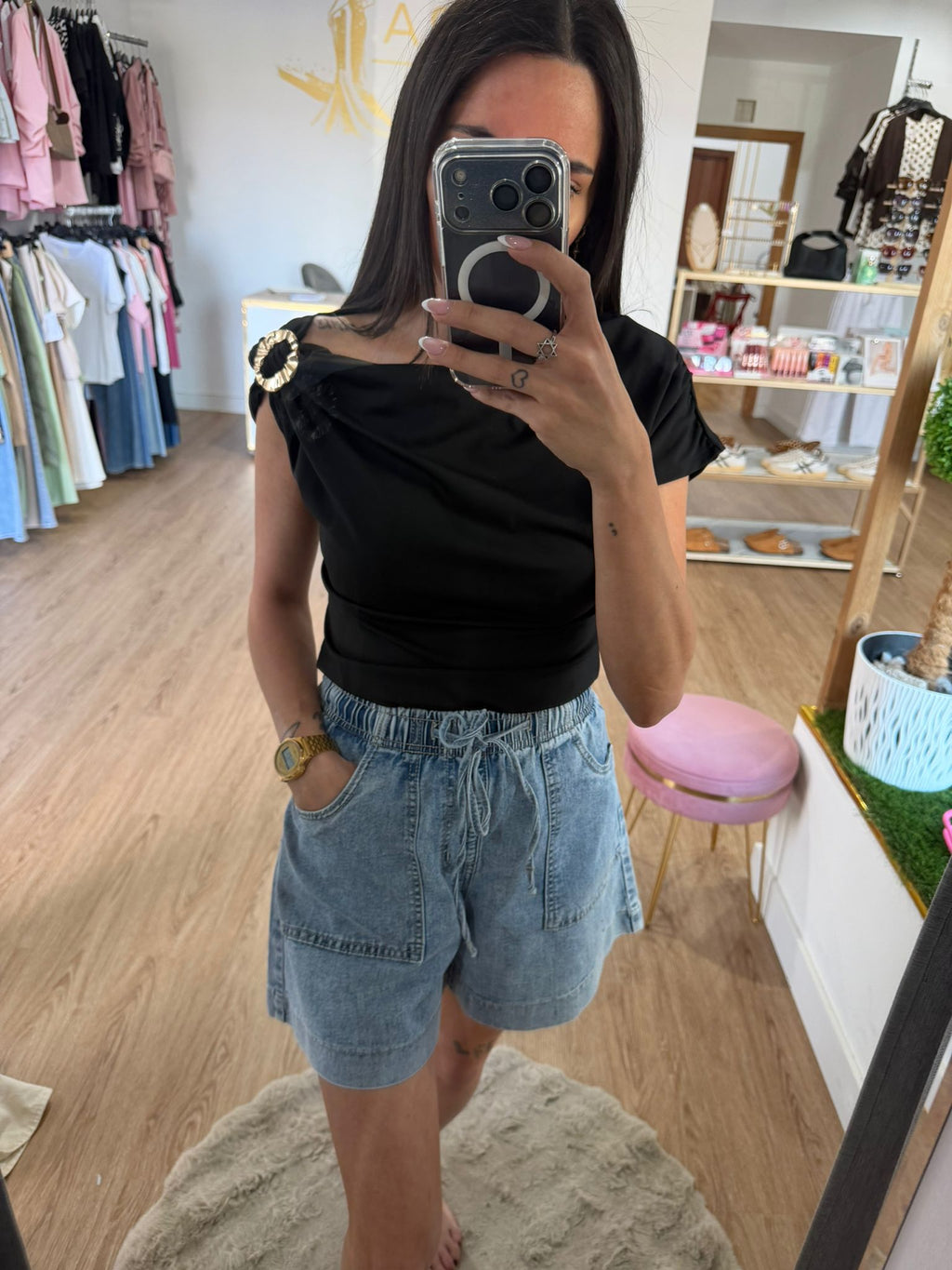 Pantalón Corto Vaquero con Cintura Elástica / Short Denim Fluido con Cordón Ajustable