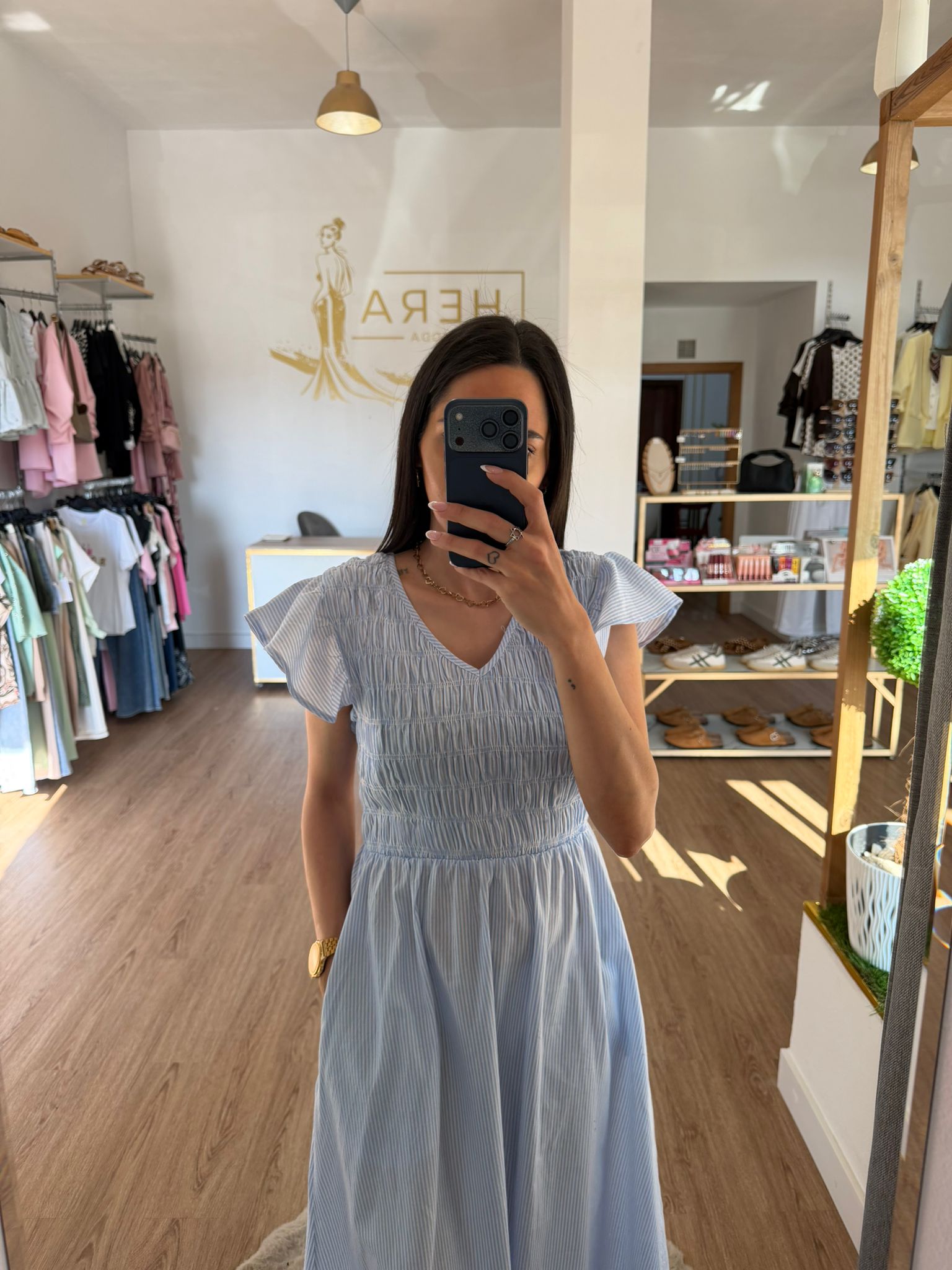 Vestido Largo de Rayas con Nido de Abeja / Vestido Fluido Manga Volante