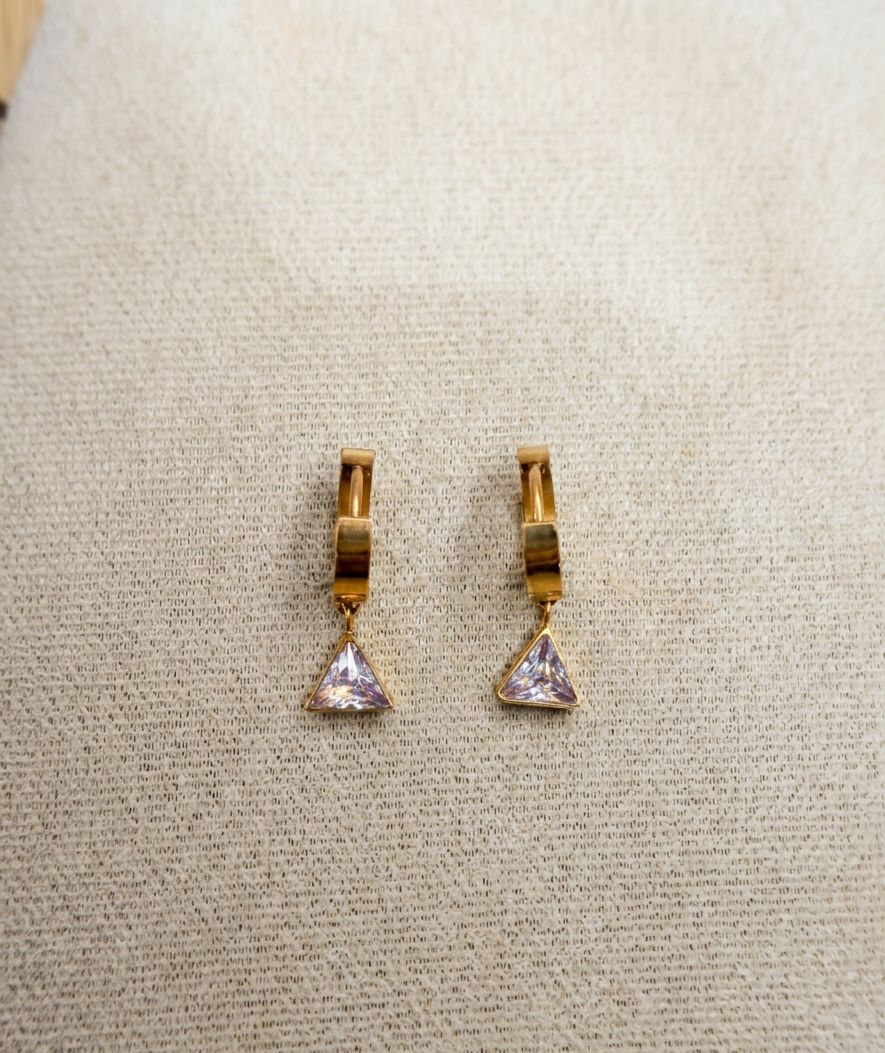 Pendientes acero inoxidable de Aro Dorados con Colgante de Cristal Triangular